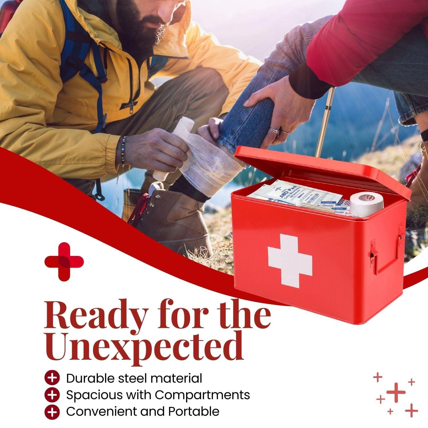 Flexzion Flexzion First Aid Box Organizer Empty 13\" Red Vintage First Aid Kit Tin Metal Medical Box - First Aid Storage Box Container Bins with Dividers, Removable Tray and White Cross Logo