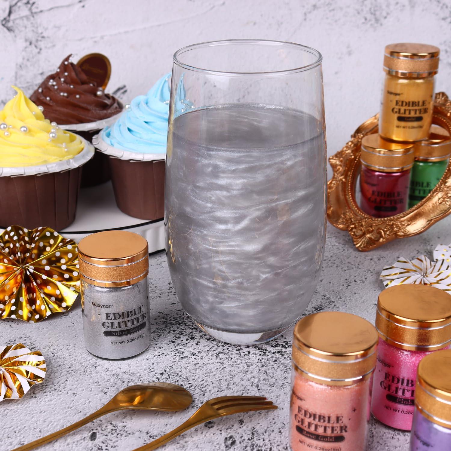 Sujoygar Sujoygar Silver Grey Edible Glitter, Food Grade 8g, Edible Glitter for Drinks, Kosher & Halal Certified, Cocktail, Cupcake, Chocolate, Strawberry, Baking