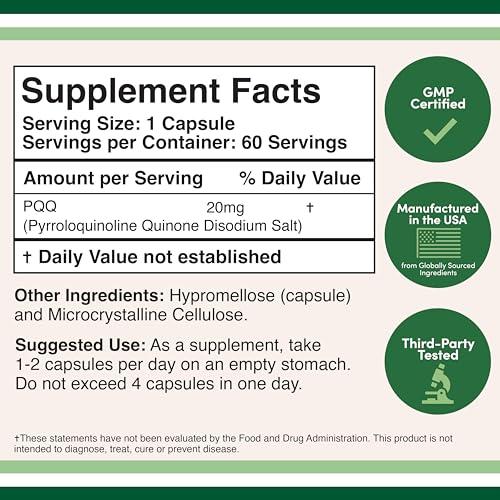 Double Wood Supplements PQQ Supplement - 20mg, 60 Capsules (Pyrroloquinoline Quinone) Promotes Mitochondria ATP Coenzyme Levels, Energy Optimizer and Sleep Support (Non-GMO, Gluten Free, Vegan Safe) by Double Wood