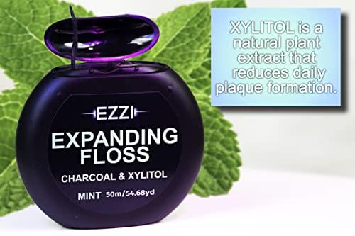 EZZI EZZI Woven Expanding Dental Floss | Fluffy & Textured w/Charcoal & Xylitol to Optimally Clean Gums | Mint | Thick & 109 Yards