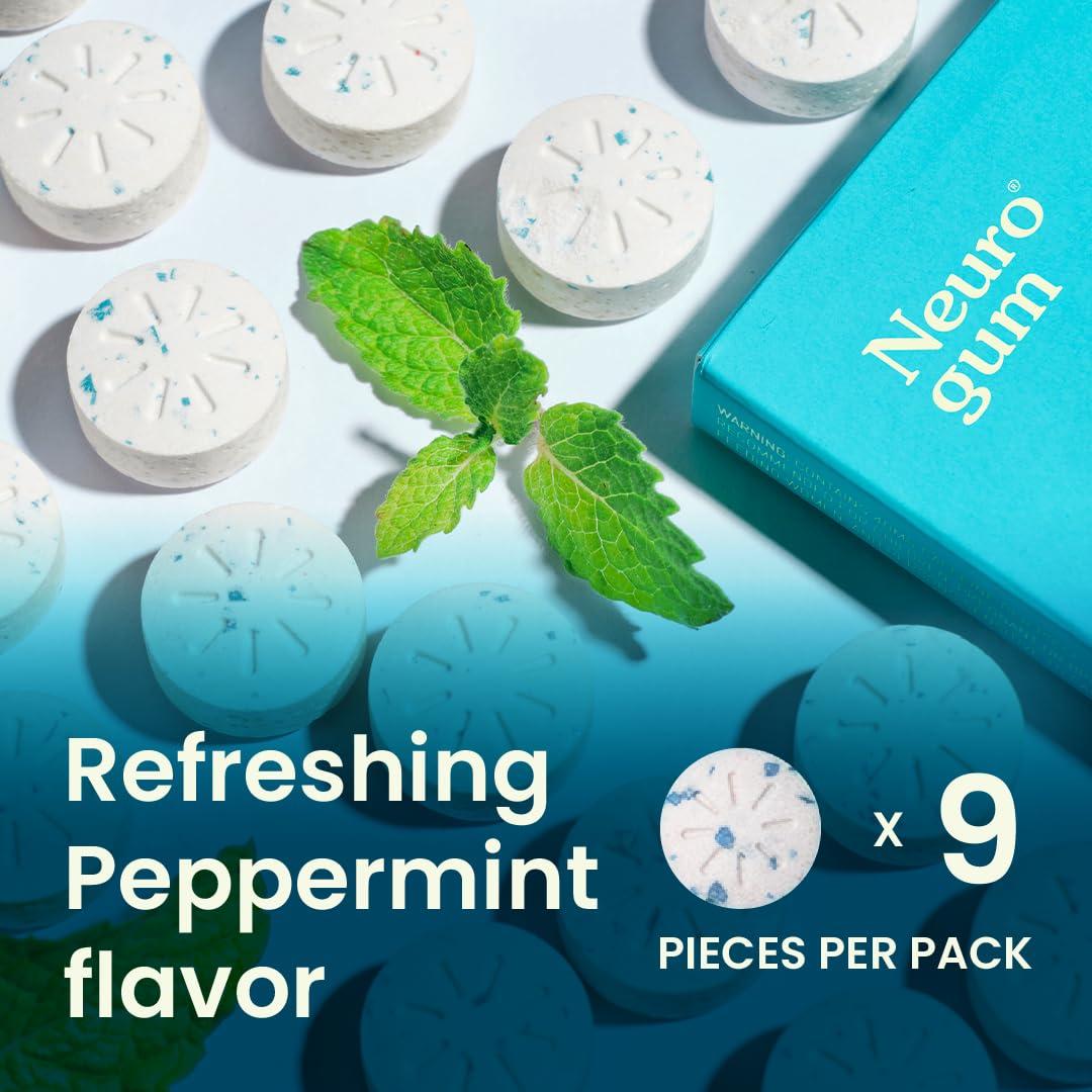 NeuroGum NeuroGum Energy Caffeine Gum (54 Pieces) - Sugar Free with L-theanine + Caffeine + Vitamin B12 & B6 - Nootropic Energy & Focus Supplement for Women & Men - Peppermint Flavor (Packaging May Vary)