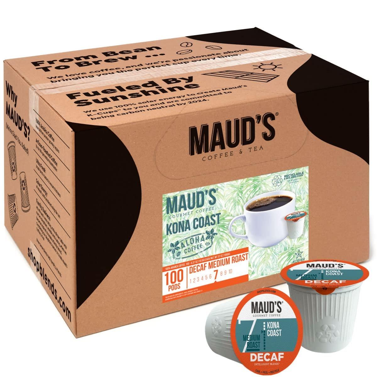 MAUD\'S Maud\'s Decaf Kona Coffee Pods, 100 ct | Decaffeinated Kona Coast Blend | 100% Arabica Medium Roast Coffee | Solar Energy Produced Recyclable Pods Compatible with Keurig K Cups Maker