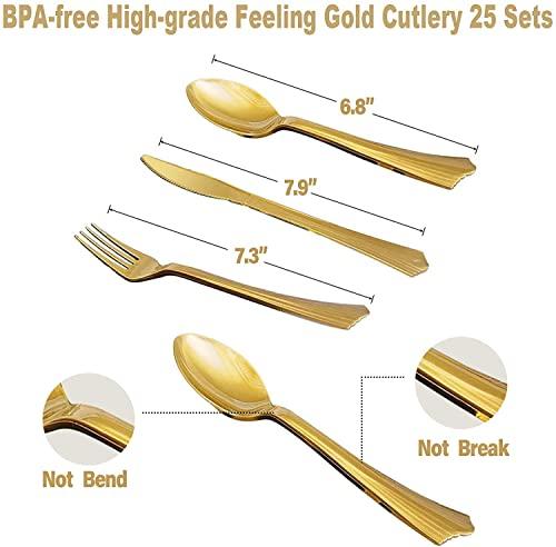 AIRE 350PCS Pink and Gold Party Plates with 6Pack Black and Gold Plastic Tablecloth, Severs 25 Disposable Party Supplies, Just Enjoy Your Party