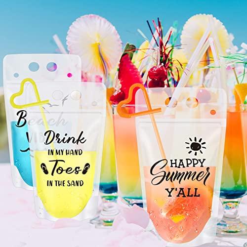 CHENGU Summer Drink Pouches with Straws Beach Drink Pouches for Adult Translucent Party Beverage Bags Stand up Juice Pouches Plastic Drink Container with Zipper Juice Freezer Bags for Party Favor (60 Sets)