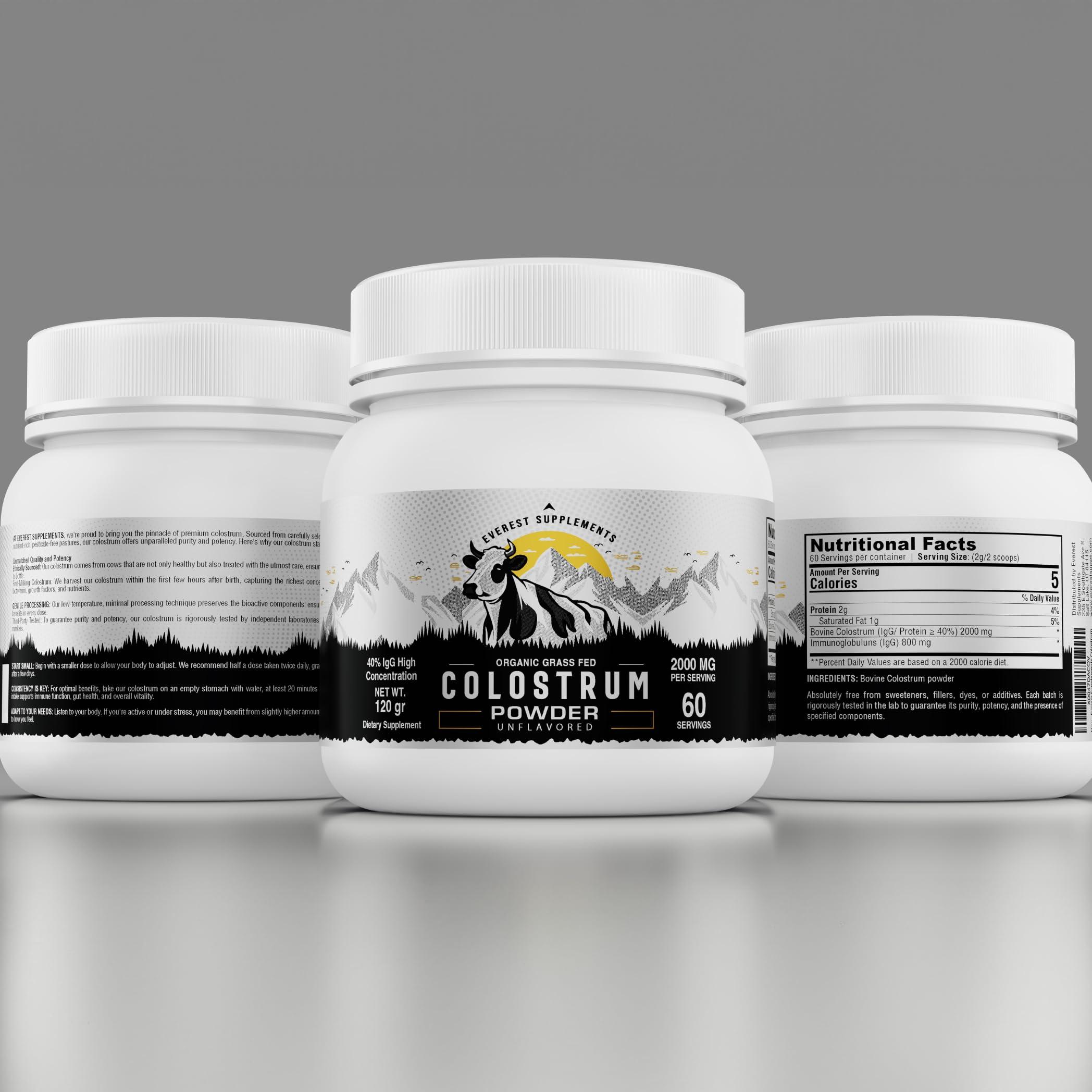 Everest Supplements Organic Colostrum Powder for Gut Health - 40% IgG, 100% Pure Grass Fed Powder for Hair Growth, Beauty, and Immune, Easy to Mix, High Concentration, Unflavored (60 Servings)