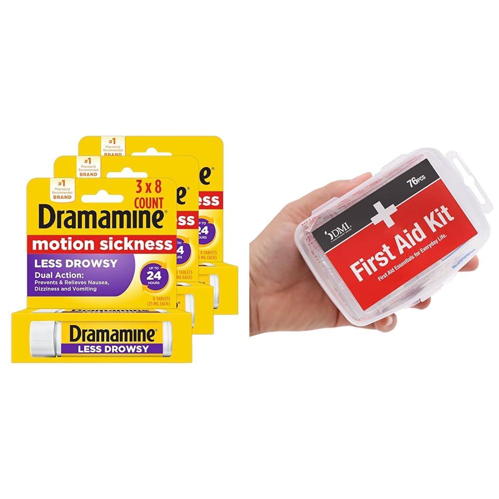 Dramamine Dramamine Motion Sickness Relief Tablets 3 Pack Bundle with 76-Piece First Aid Kit