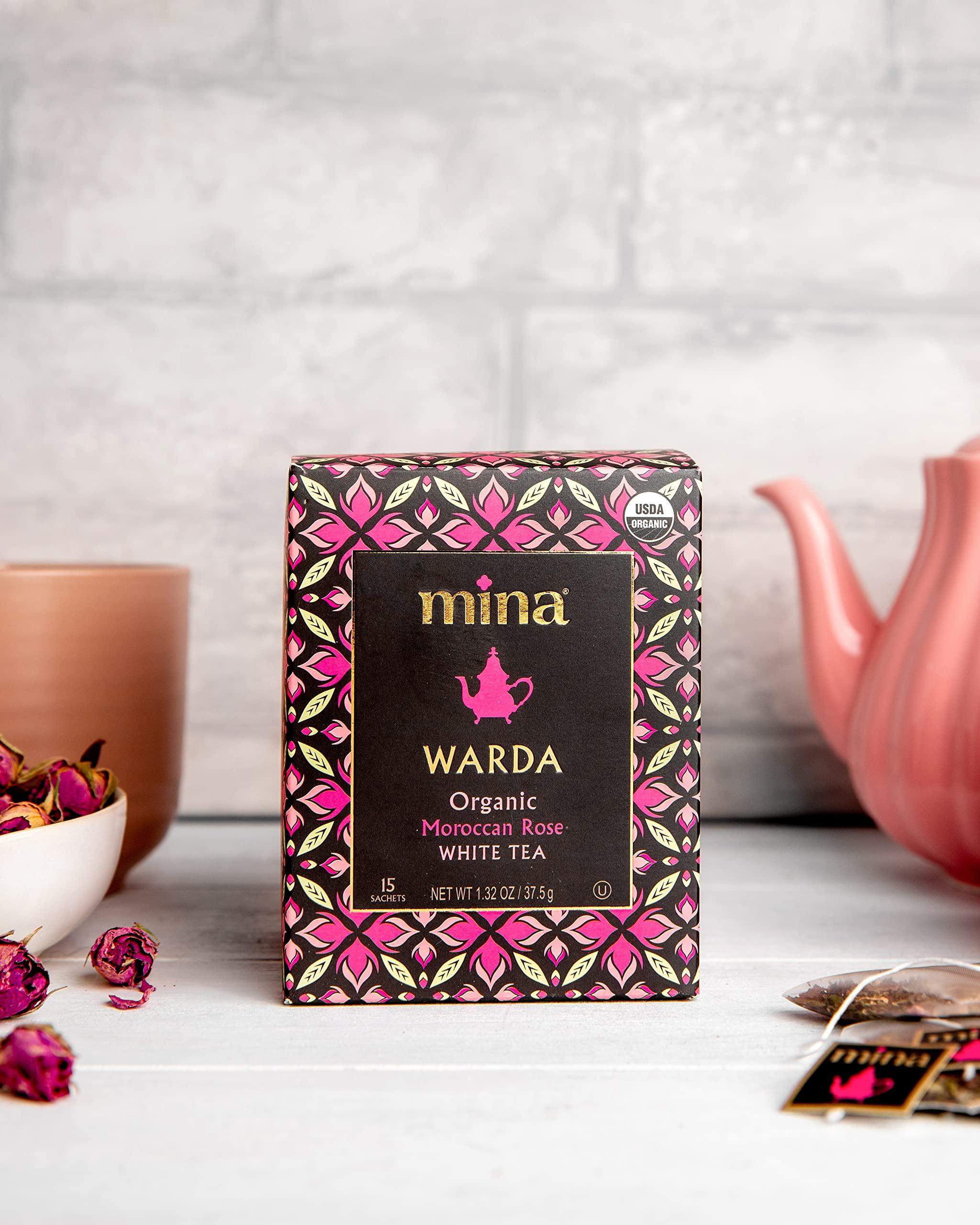 Mina Mina Warda Organic Moroccan Rose White Tea, 15 Biodegradable Sachets - Rose Tea Bags, White Tea with Moroccan Rose Petals, Organic White Tea Bags, Low Caffeine Tea
