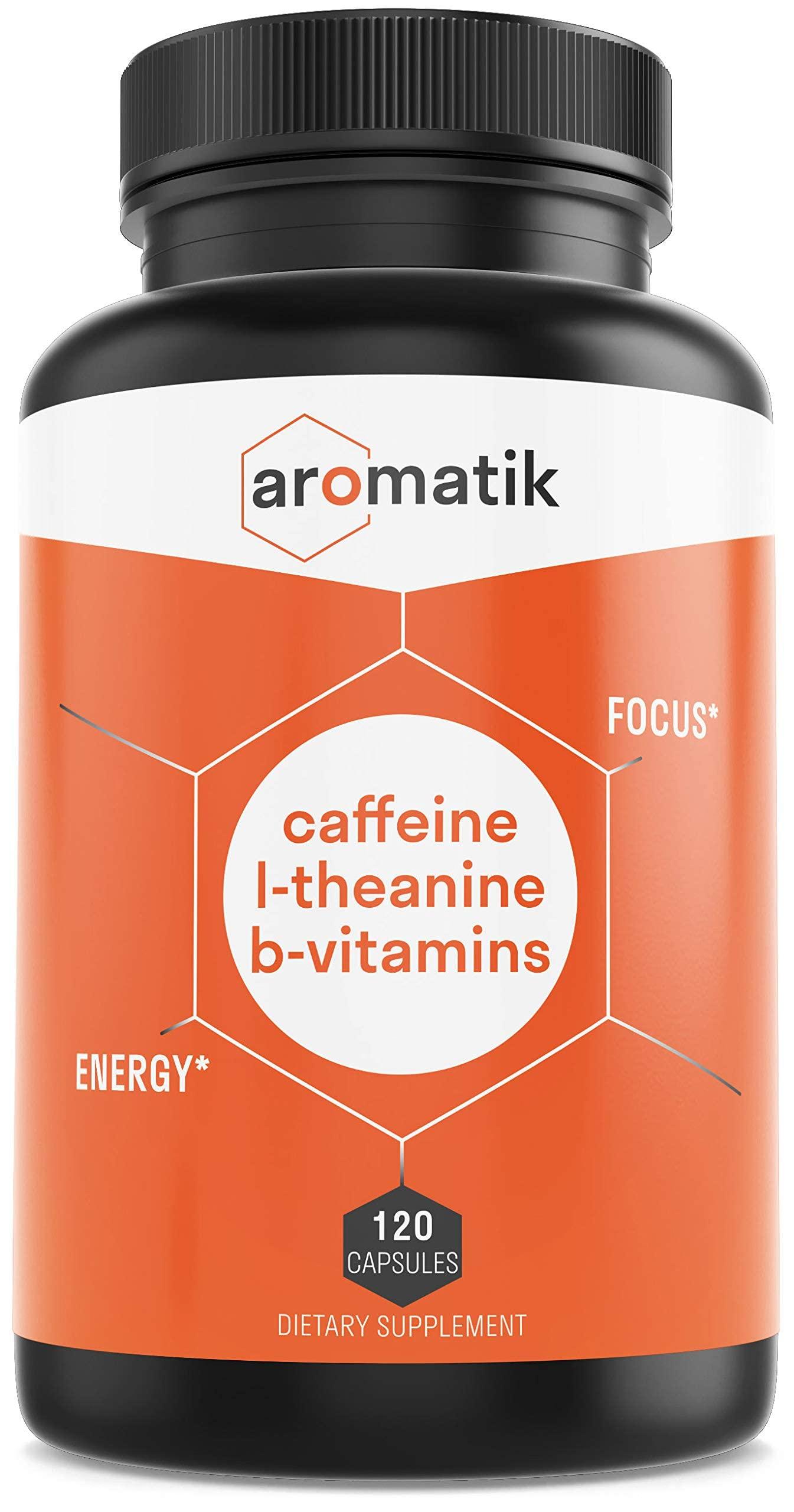 Aromatik Aromatik Caffeine L-Theanine Focus Supplement | Caffeine (100 mg) + L-Theanine (200 mg) + B Vitamins | Energy Focus Cognition | USA Made at FDA Registered Facility | Vegan Capsules | 120 Servings