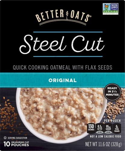 Better Oats Better Oats Original Steel Cut Oatmeal Packets, Instant Oatmeal Packets with Steel Cut Oats and Flax Seeds, Quick Oatmeal Pouches Ready in 2.5 Minutes, Original Flavor, Pack of 10, 11.6 OZ Pack