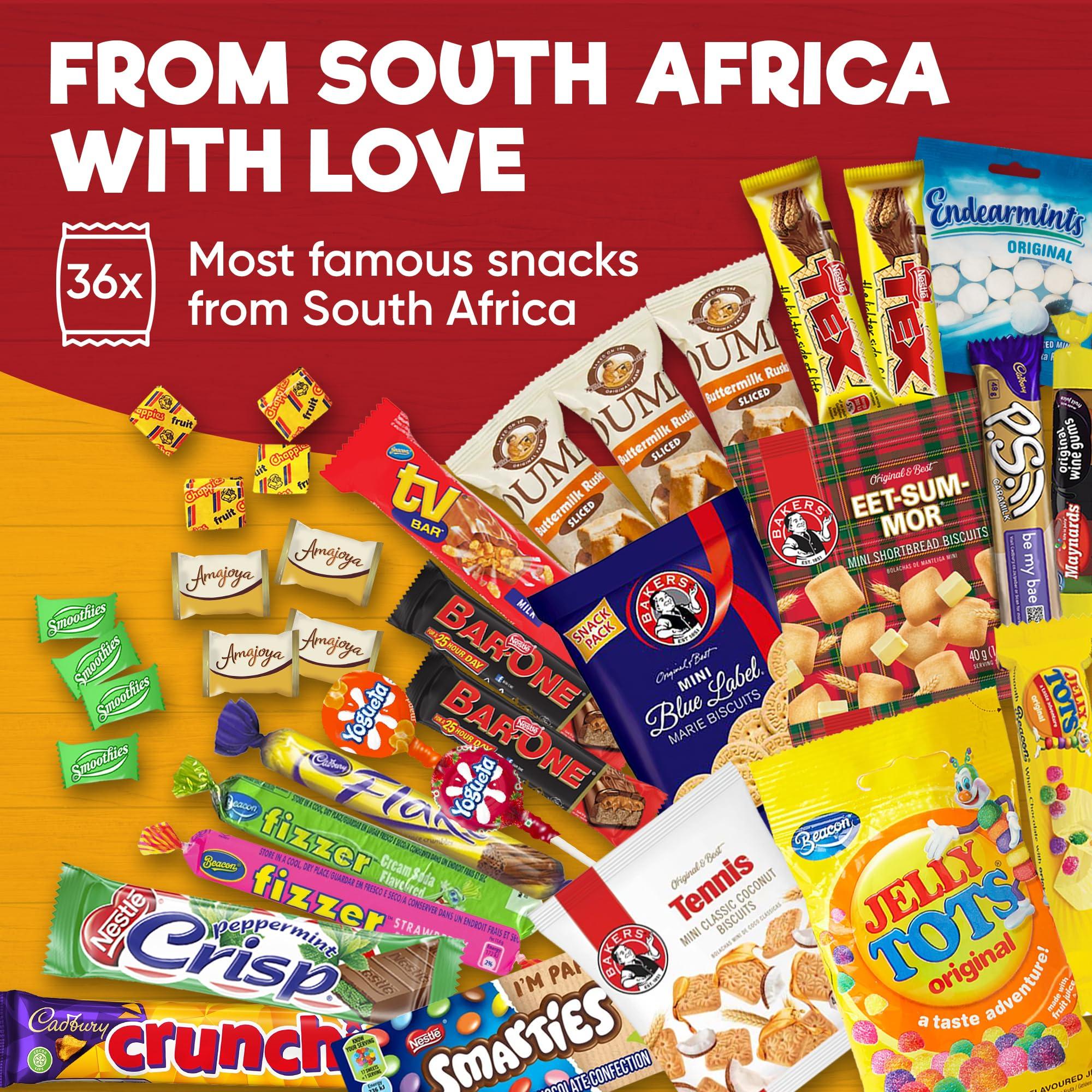 Happy Tucker Treats from Home South African Snacks Food Box | Authentic African Candies, Chocolate Bars, & Treats | Perfect Christmas Gifts Includes Ouma Rusks, Smarties, & More | Best South African Products Care Package for Gifting & Sharing - 36 Units