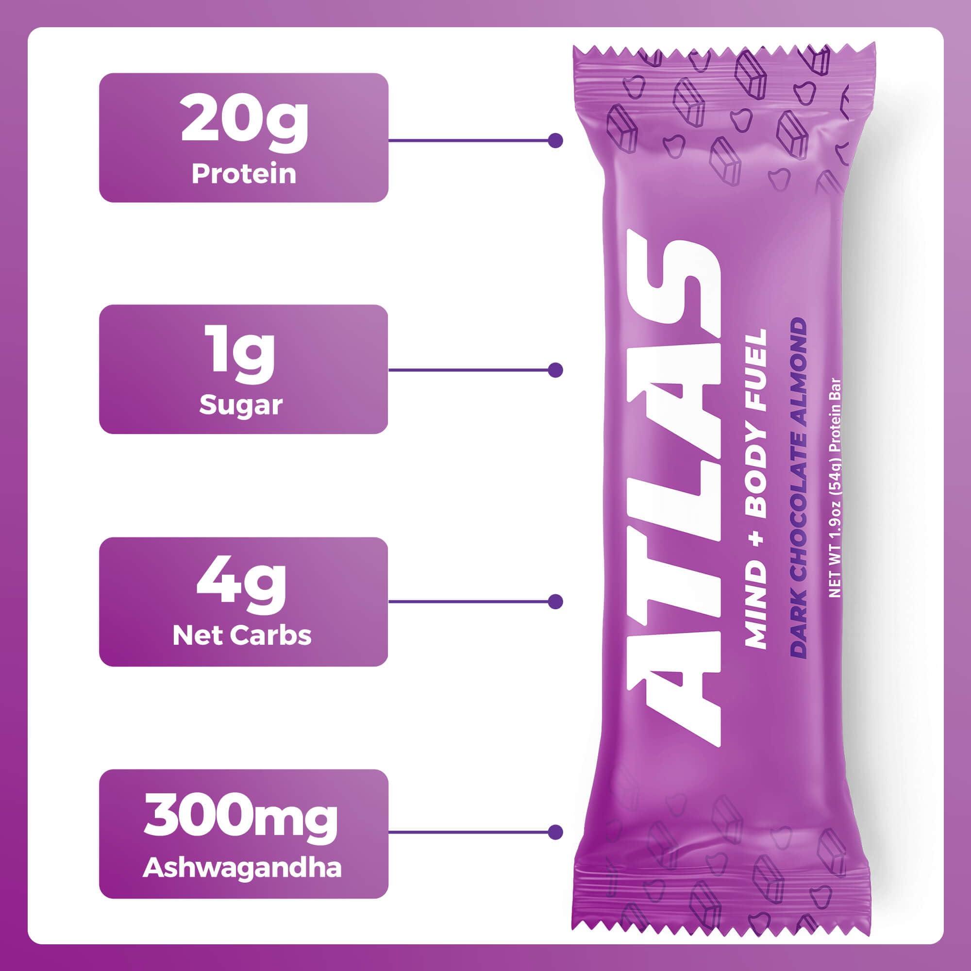Atlas Protein Bar Atlas Protein Bar, 20g Protein, 1g Sugar, Clean Ingredients, Gluten Free (Dark Chocolate Almond, 12 Count (Pack of 2))
