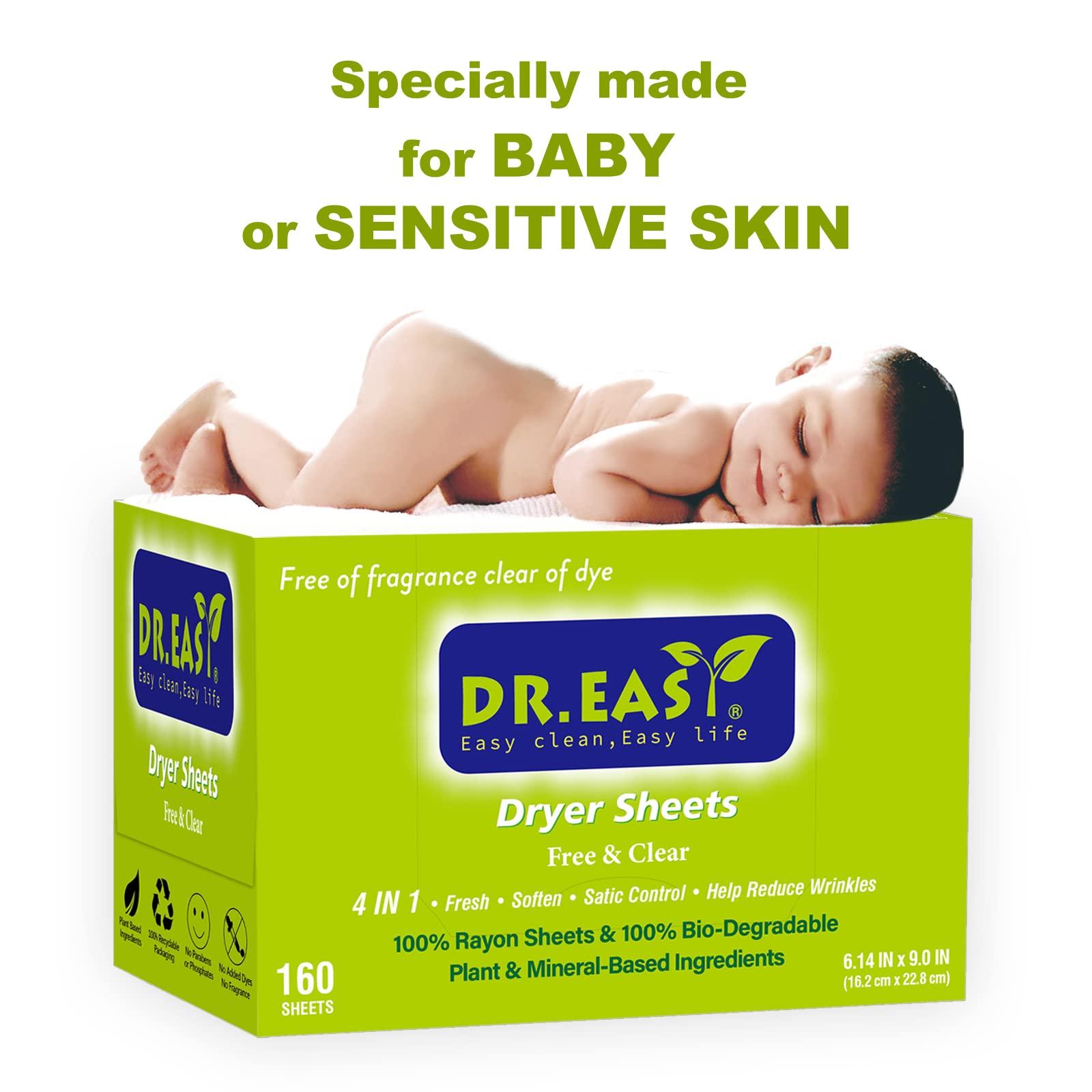 DR. EASY Dr.Easy Dryer Sheets Free & Clear Plant Based all ingredients for Sensitive Skin 320 Ct 100% Rayon Fabric Softener sheet unscented & no dyes Reduce Static & Wrinkles Soften Clothes Help Repel Pet Hair