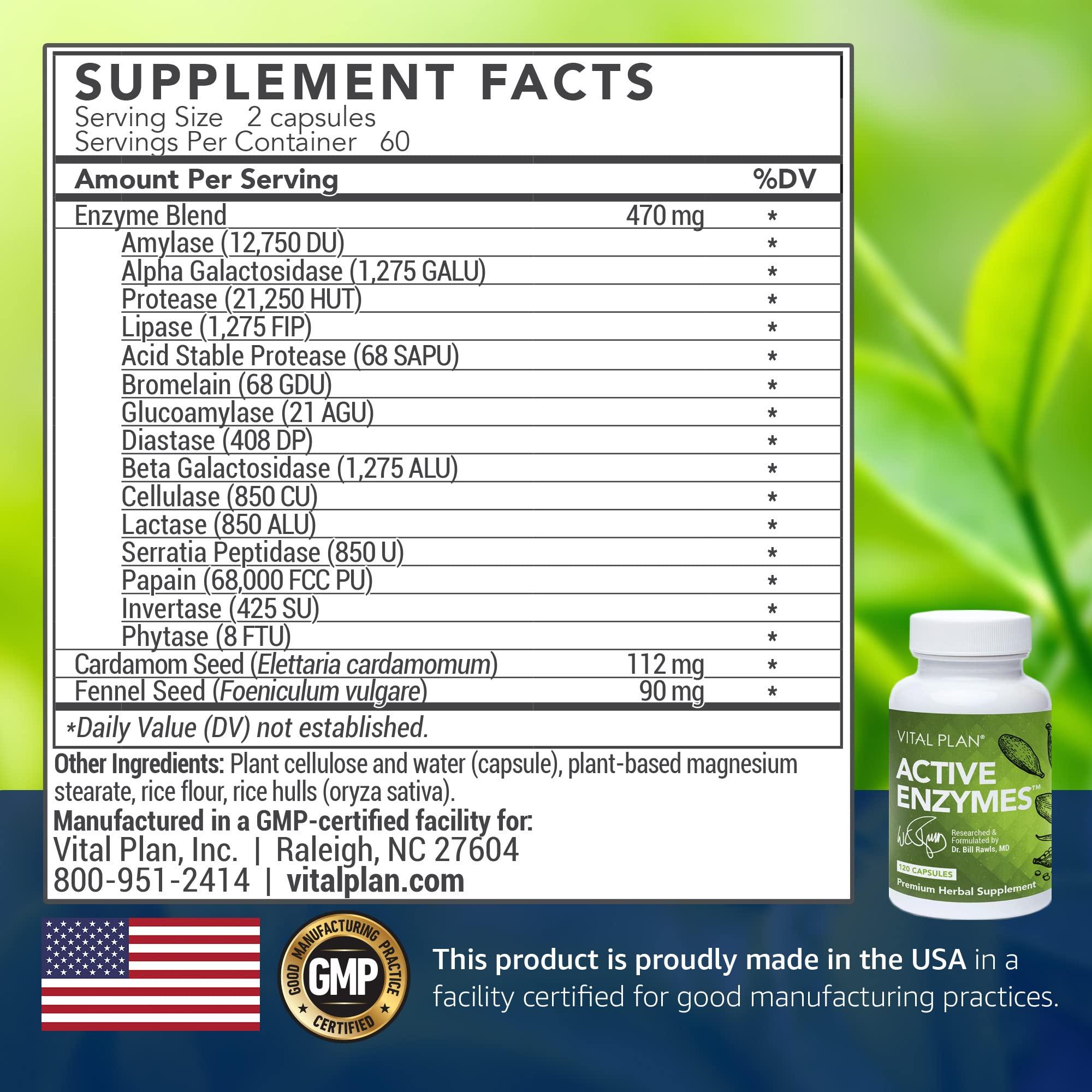 Vital Plan Vital Plan Active Enzymes Supplement by Dr. Bill Rawls - Digestive Enzymes for Gut Health & Digestion - Protease, Bromelain, Lactase, Amylase & Lipase (120 Capsules)