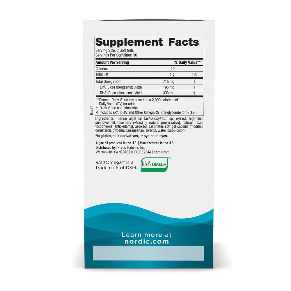 Nordic Naturals Nordic Naturals Algae Omega - 60 Soft Gels - 715 mg Omega-3 - Certified Vegan Algae Oil - Plant-Based EPA & DHA - Heart, Eye, Immune & Brain Health - Non-GMO - 30 Servings