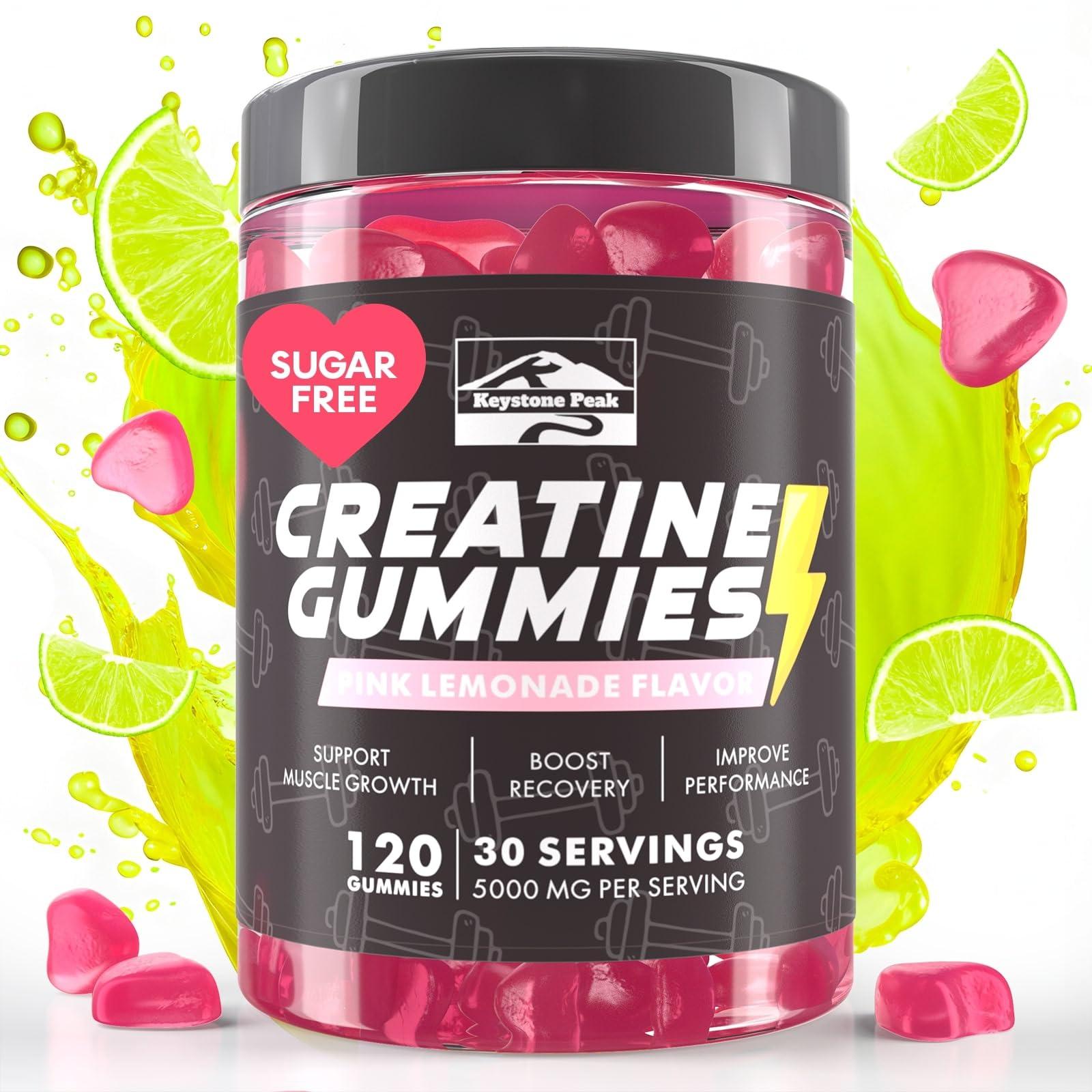 Keystone Peak KP Creatine Monohydrate Gummies Pink Lemonade for Men & Women, 100% Creatine Pink Lemonade Gummies, 5g per Serving + Vegan, Sugar Free + Strength, Energy, Muscle & Booty Gain - 120 Count
