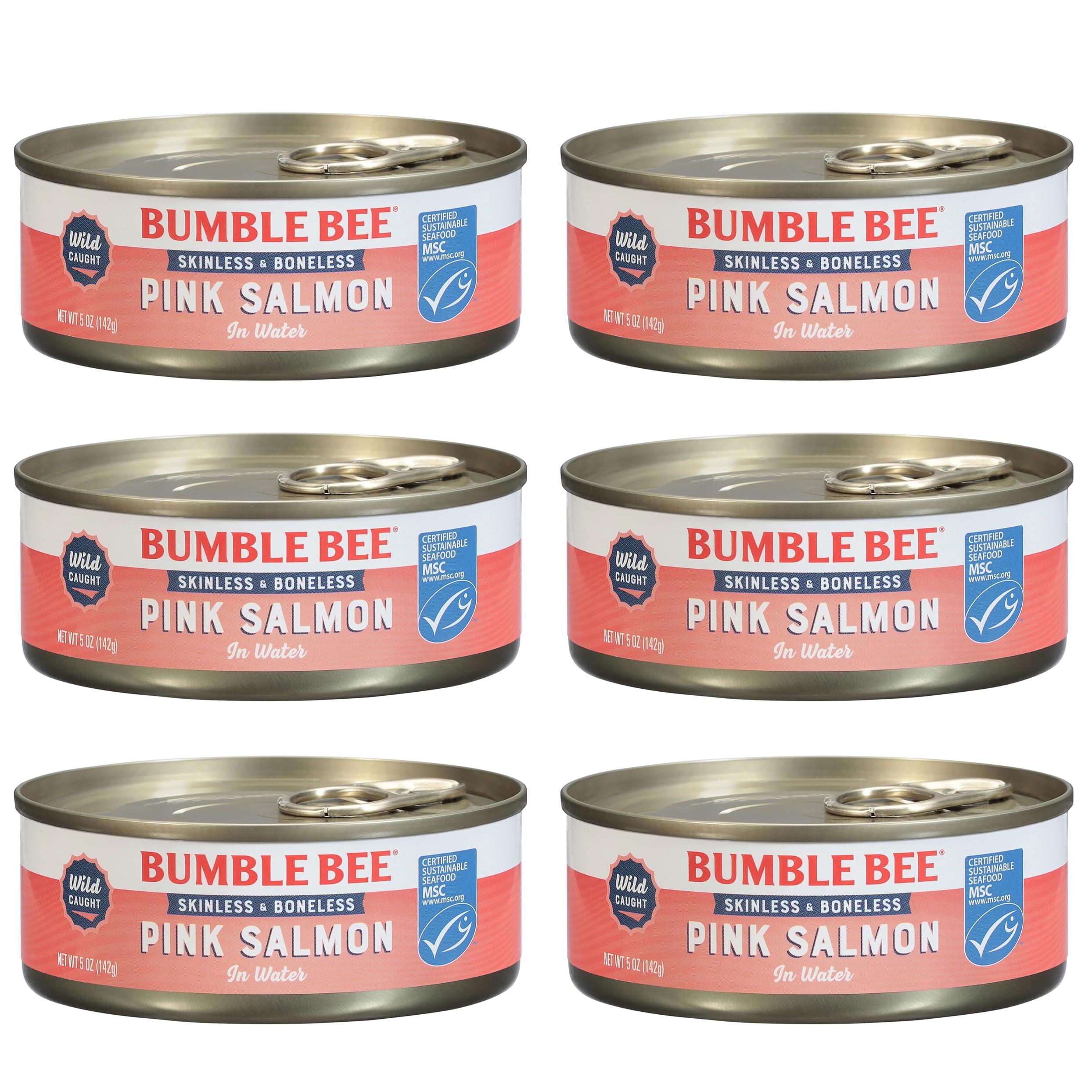 Bumble Bee Bumble Bee Skinless & Boneless Canned Pink Salmon in Water, 5 oz Can - Premium Wild Caught Salmon - 20g Protein per Serving - Gluten Free, Kosher, MSC Certified (Pack of 6)