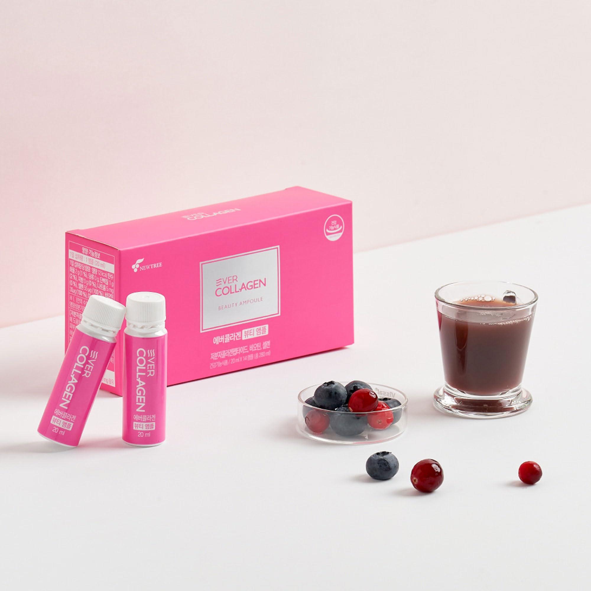 EVER COLLAGEN EVER COLLAGEN Beauty Ampoule - Liquid Marine Multi Collagen Drink Low Molecular Collagen Peptitdes Drinkable Supplement for Hair, Skin, Nail (1 Bottle Per Day, 14 Bottles)