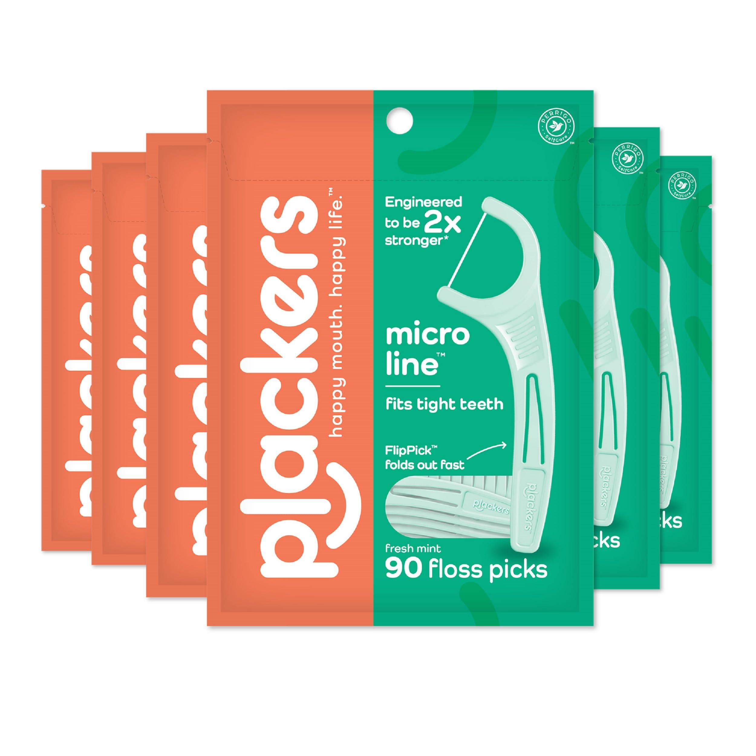 Plackers Plackers Micro Line Dental Floss Picks, Fold-Out FlipPick, Tuffloss, Easy Storage with Sure-Zip Seal, Fresh Mint Flavor, 90 Count (6 Pack)