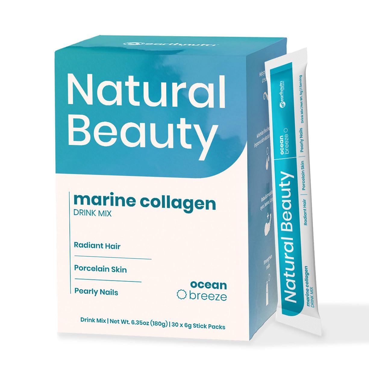 EarthNutri EarthNutri Marine Collagen Peptides Powder Supplement for Skin, Hair & Nails Enhances Skin Elasticity & Hydration Hydrolyzed Collagen 5000mg per Serving Non-GMO Ocean Breeze (30 Sticks Pack)