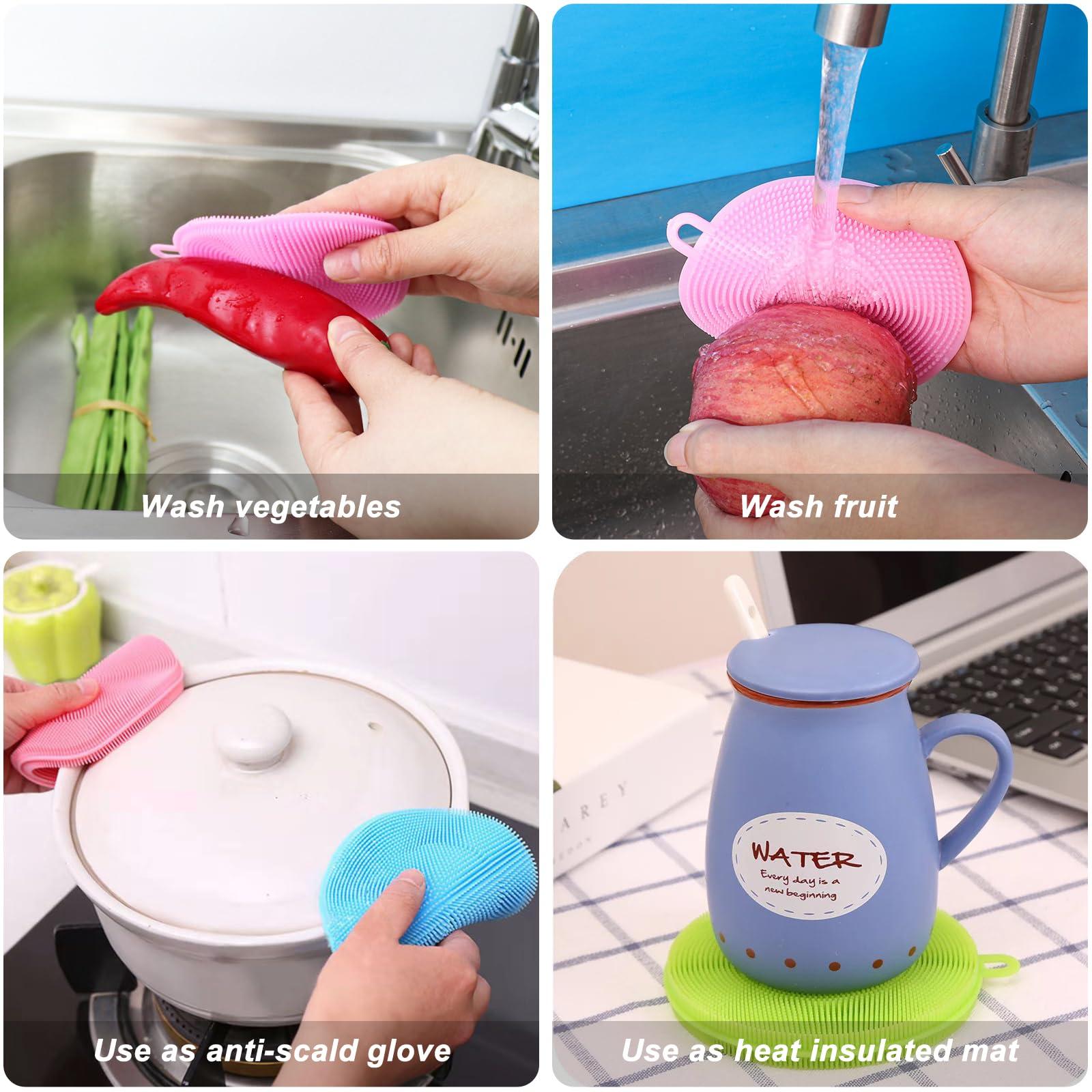MISSJOJIAY Silicone Dish Scrubber, 12 Pack Silicone Sponge Dish Brush Food Grade BPA Free Reusable Rubber Sponges Dishwasher Safe and Dry Fast for Kitchen Dish Dishes Fruits Vegetables Washing and Cleaning