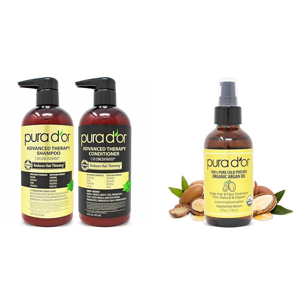 PURA D\'OR PURA D\'OR Anti-Thinning Advanced Therapy Biotin Shampoo & Conditioner Hair Care Set & Organic Moroccan Argan Oil (4oz / 118mL) USDA Certified 100%