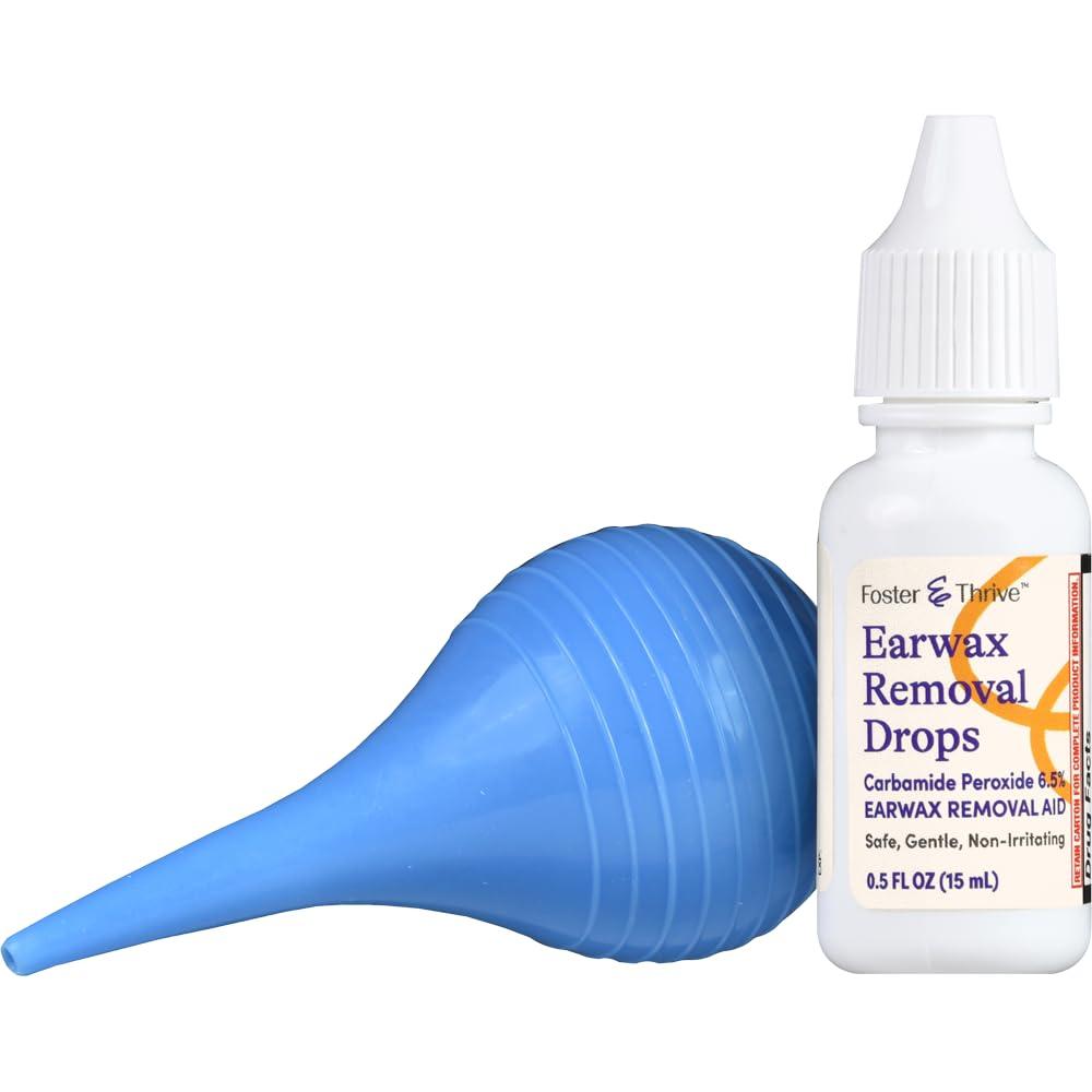 Foster & Thrive Foster & Thrive Earwax Removal Kit, Softens & Loosens Excess Earwax, Safe, Gentle and Non-Irritating, Carbamide Peroxide 6.5%, includes Drops and Ear Syringe Bulb (Pack of 2)