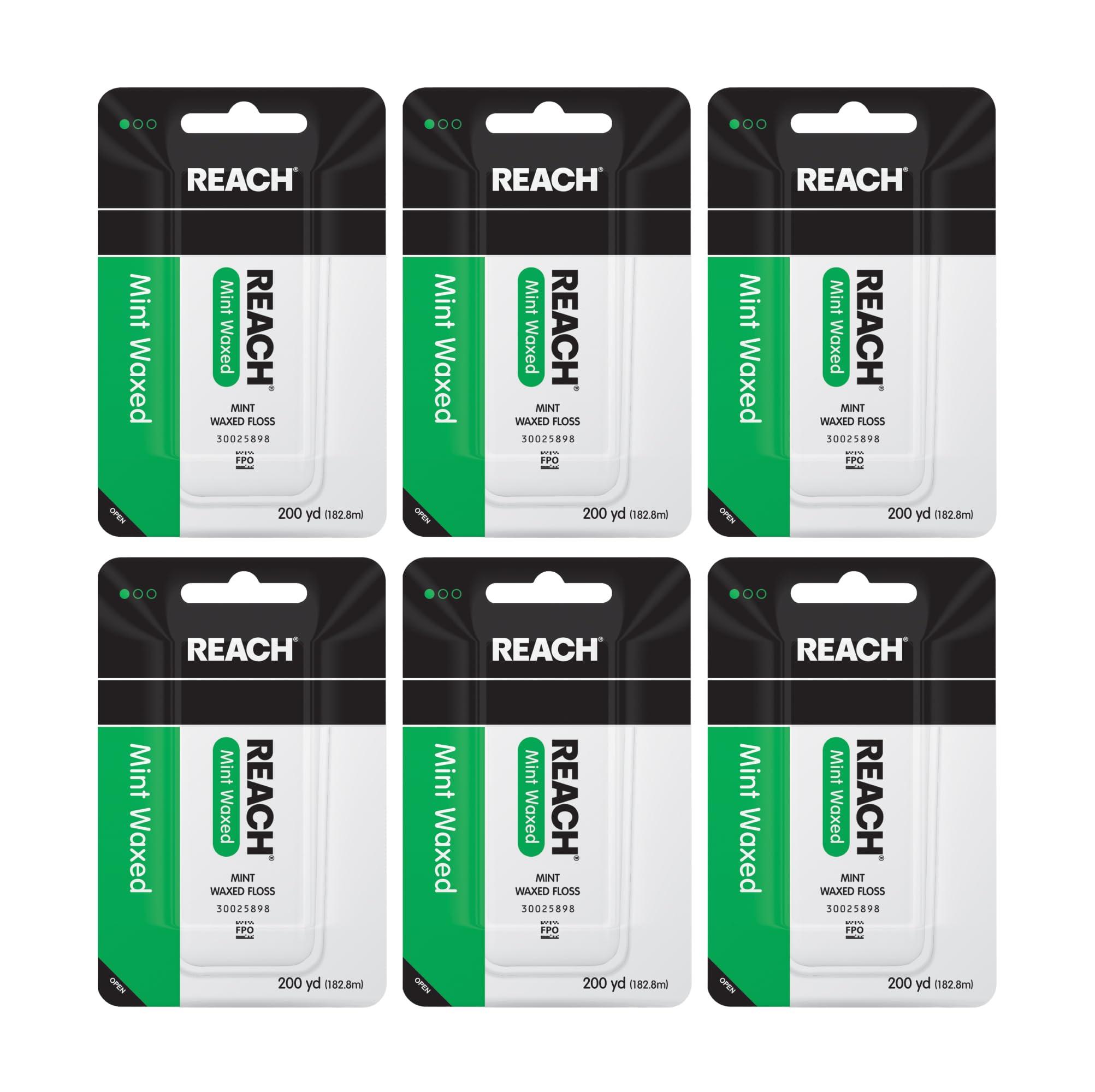 Reach REACH Waxed Dental Floss, Mint, Plaque Remover for Teeth, Shred Resistant, Floss Slides Smoothly, Easy to Use, Waxed, Deep Cleaning Teeth, Oral Care, PFAS Free, for Adults & Kids, 6 Pack, 200 yd