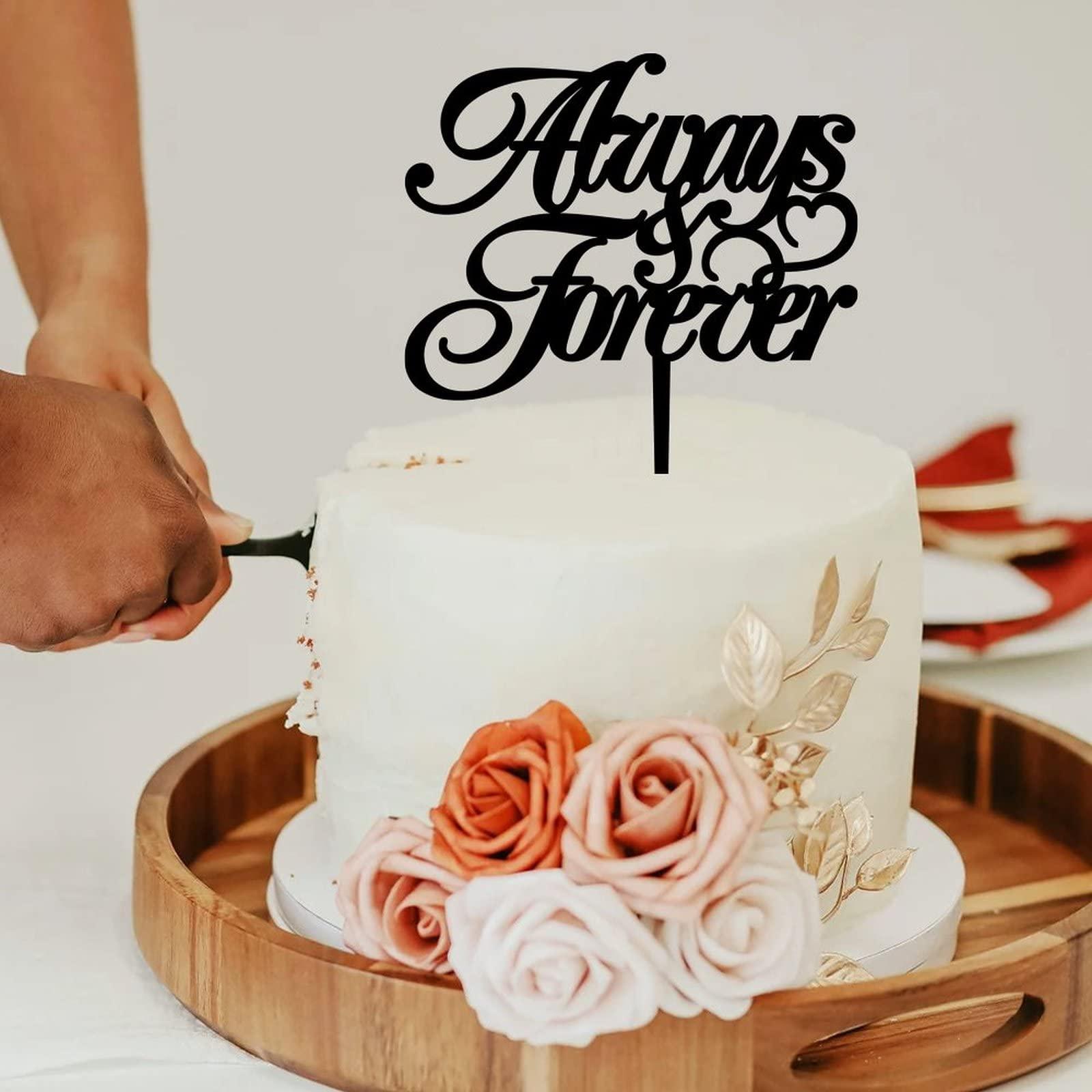Mighun Always And Forever Cake Topper- Always And Forever Wedding Anniversary Cake Toppers Decorations - Acrylic Black Calligraphy Wedding Cake Topper