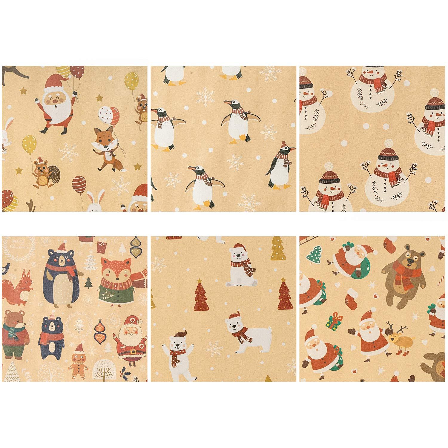 RUSPEPA RUSPEPA Christmas Kraft Wrapping Paper Santa Claus Xmas Theme Elements Great for Christmas, Birthdays, Holiday, Baby Shower - 6 Sheets Packed as 1 roll - 17.5 x 30 inches per Sheet