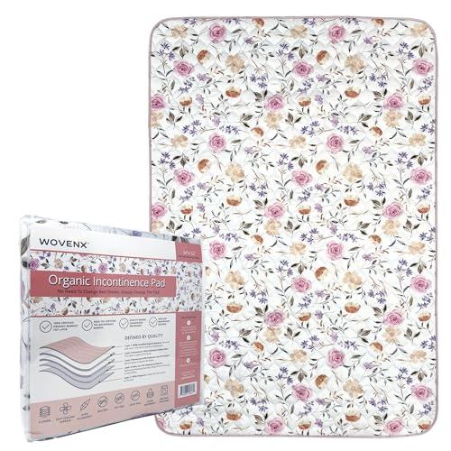 wovenx WOVENX Organic Incontinence Pads for Kids & Toddlers - 5 Layer Waterproof Protectors for Overnight Bed Wetting - Reusable & Washable Pee Pads - Fits Twin to Full Size Beds - 34\" x 52\" Flower