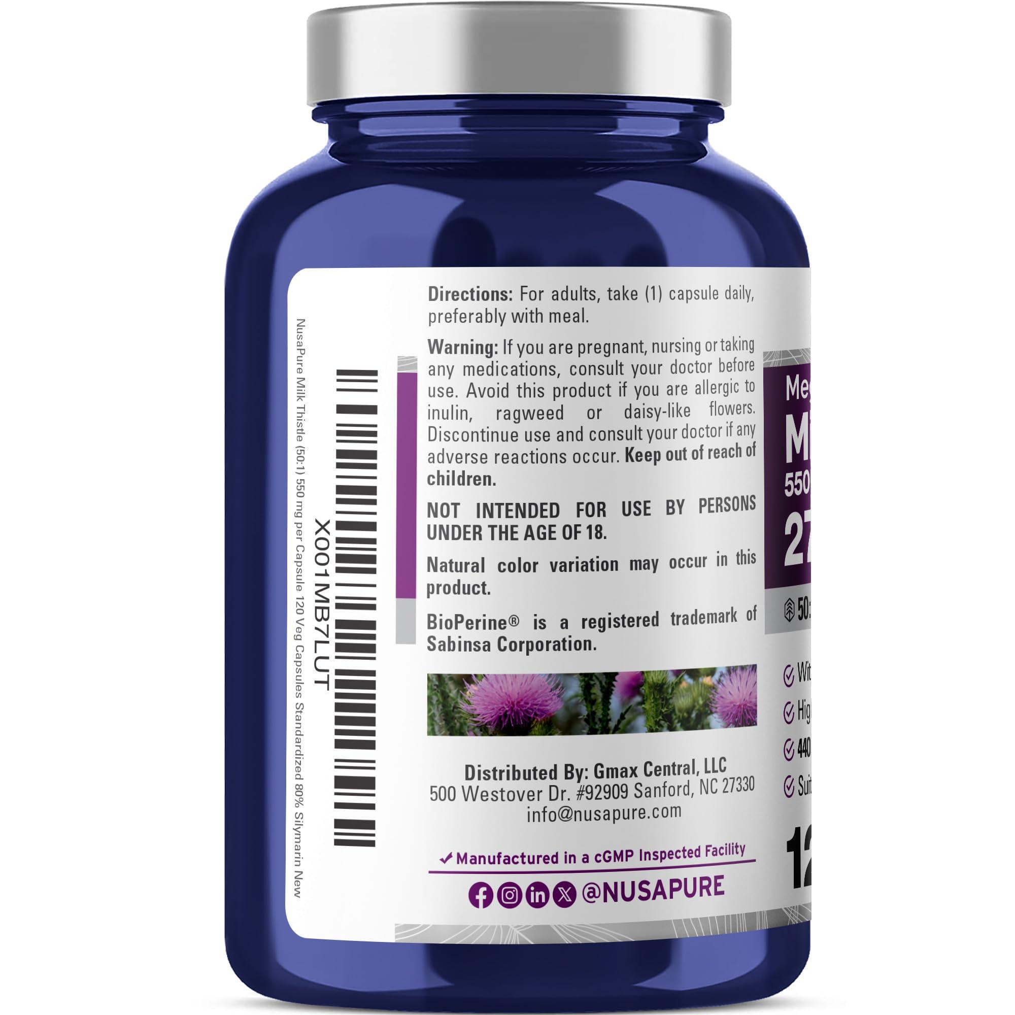 NusaPure NusaPure Milk Thistle Extract 27,500mg 120 Veggie Capsules (50:1 Extract, Non-GMO, Vegan) Max Strength - Standardized 80% Silymarin, Bioperine