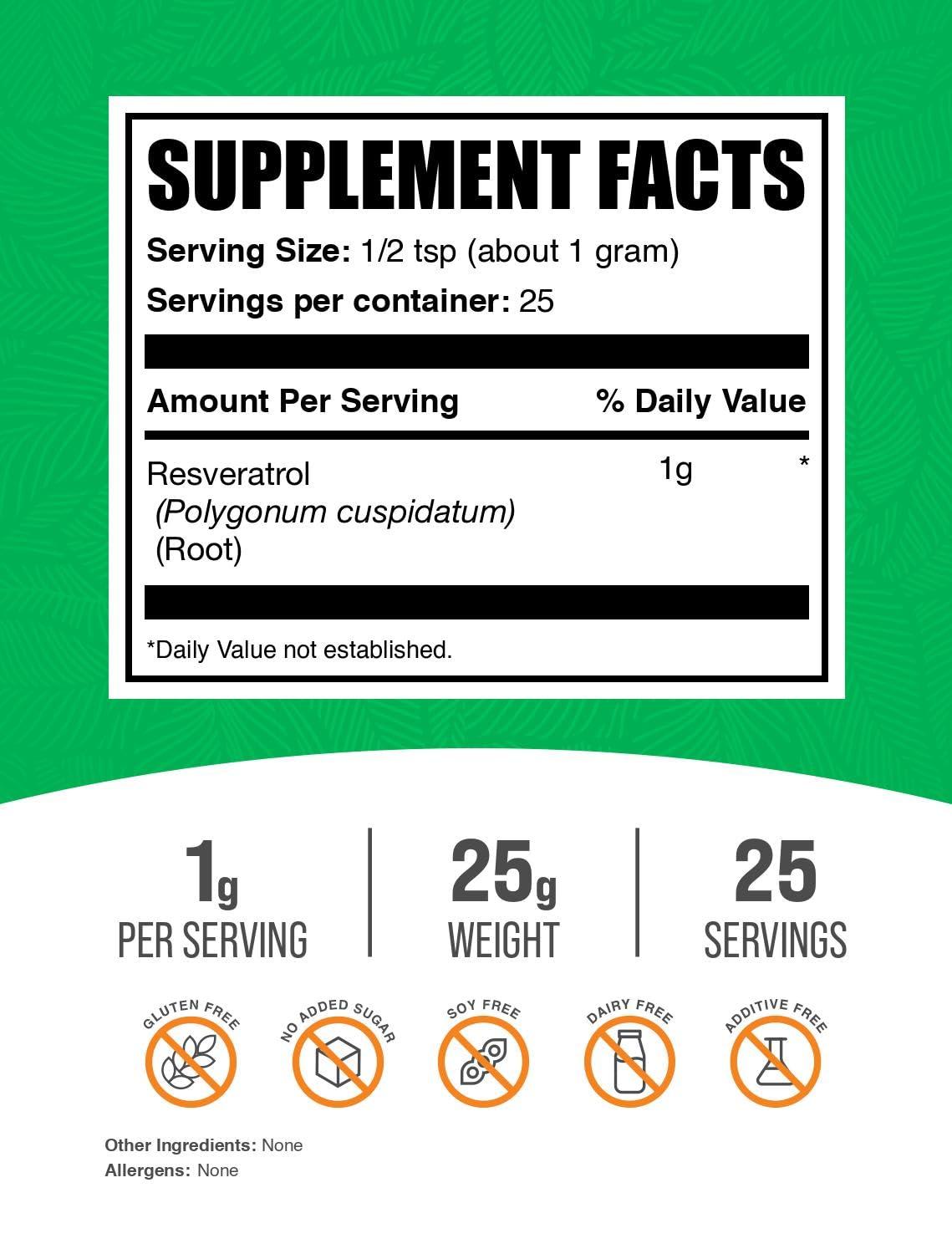 BulkSupplements BulkSupplements.com Resveratrol Powder - Resveratrol Supplement, Polygonum Cuspidatum, Resveratrol 1000mg - Antioxidant & Gluten Free, 1000mg per Serving, 25g (0.88 oz) (Pack of 1)