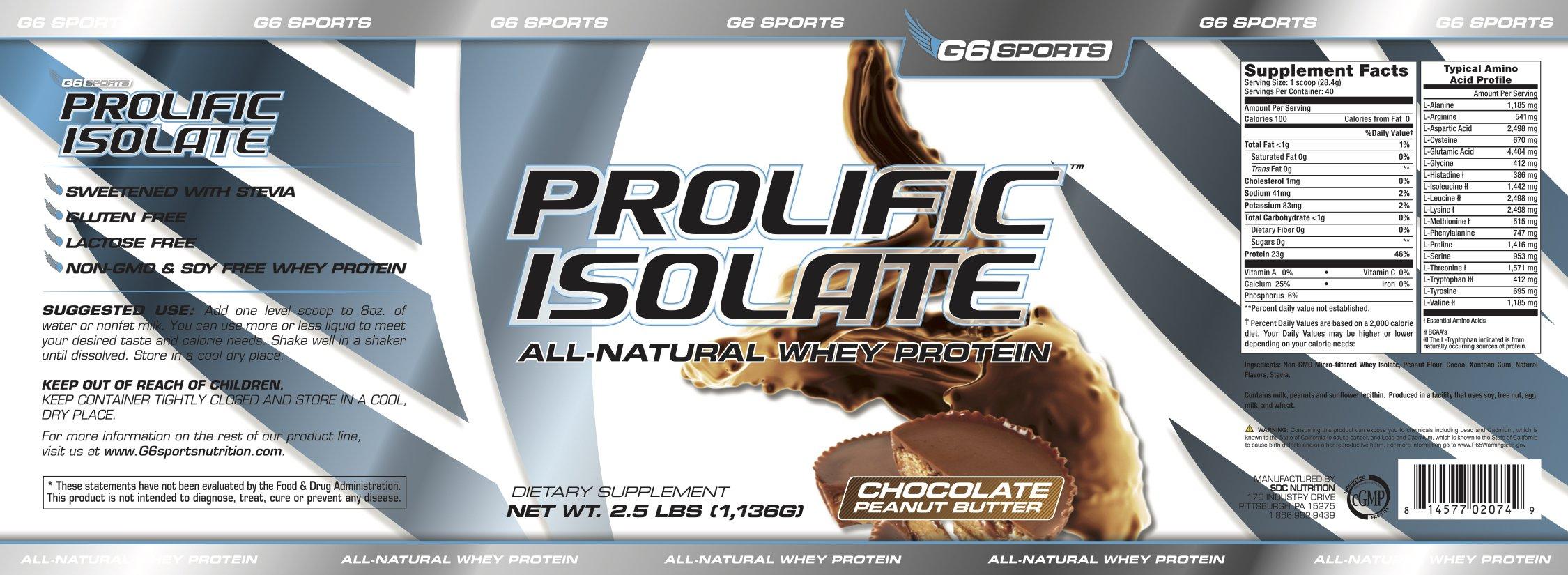 G6 Sports G6 Sports Nutrition Prolific Isolate All Natural Whey Protein Isolate (Gluten Free, Lactose Free, Soy Free, Stevia Sweetened, 25g Protein, 100 Calories) – 2.5lb Jar – Chocolate Peanut Butter