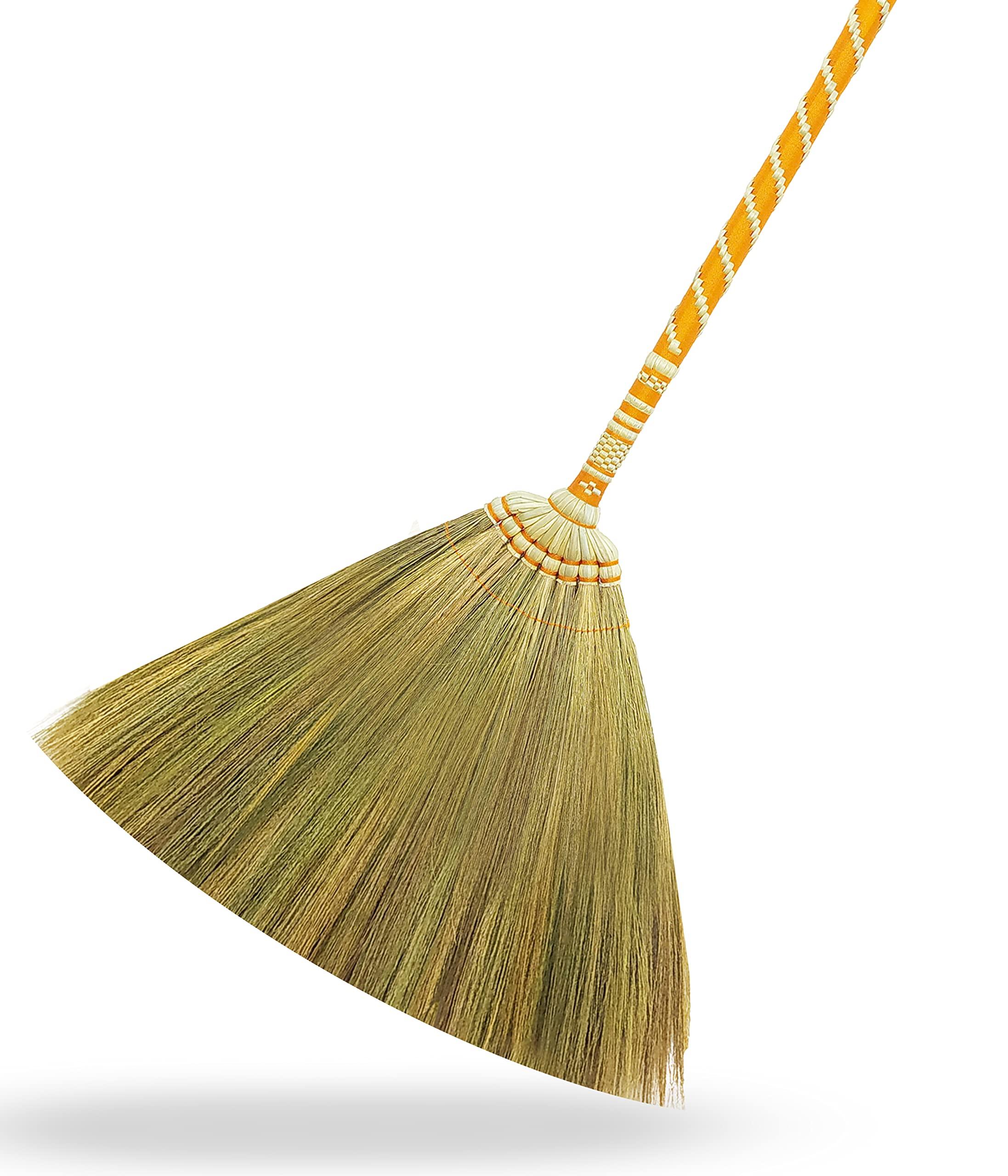 AW BROOMS Asian Straw Broom Thai for Cleaning Floor,Housewarming Gift,Thai Vintage Retro Grass Broom Stick, Hardwood Sweeper with Brush Power and Circle Cleaning ( Length 40 inch )