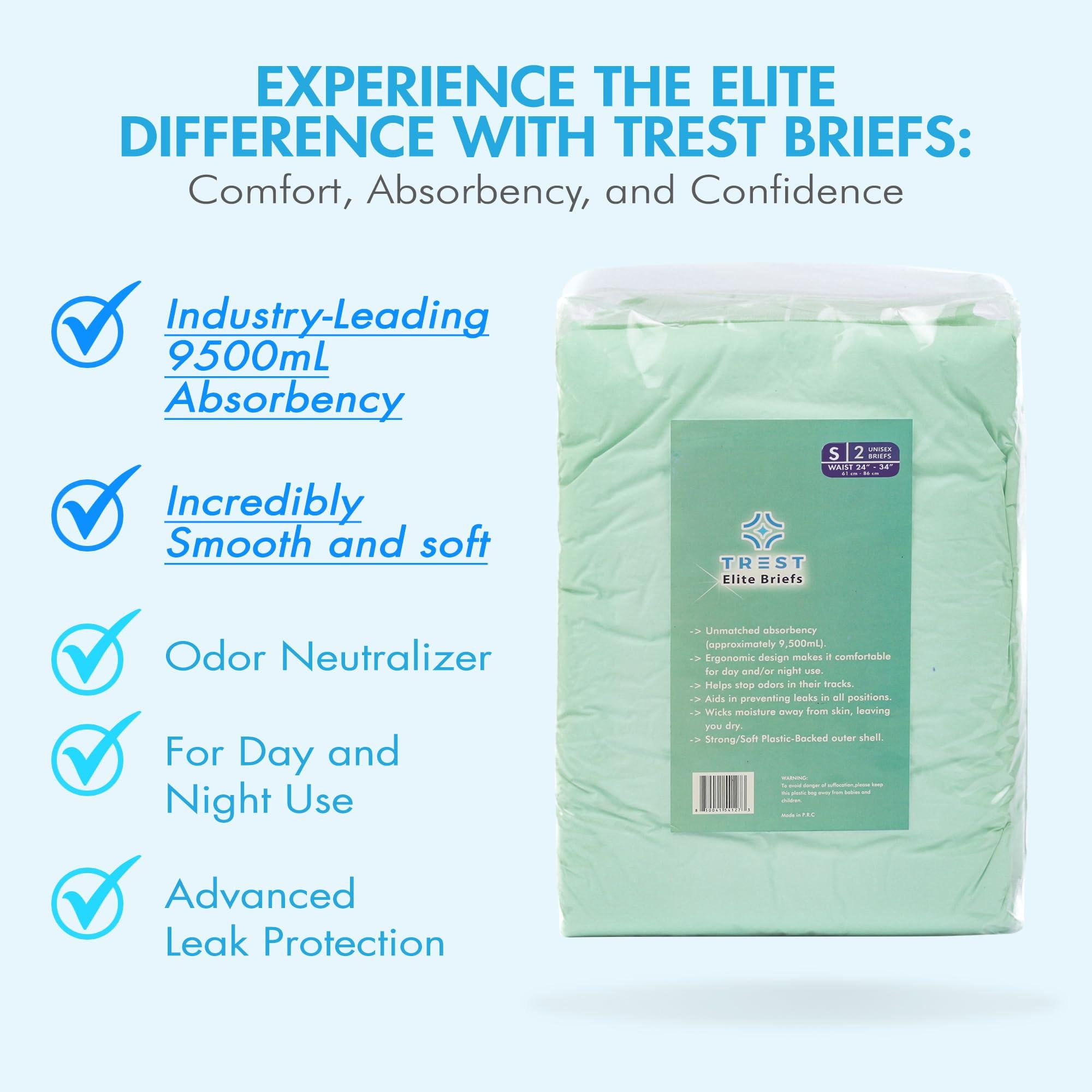 Trest TREST Elite Briefs for Men and Women, Overnight Diapers for Incontinence, Elite Absorbency, Comfortable, Odor Neutralizing and Secure Fit with 2 Wide Tabs - Green, Small (Pack of 2)