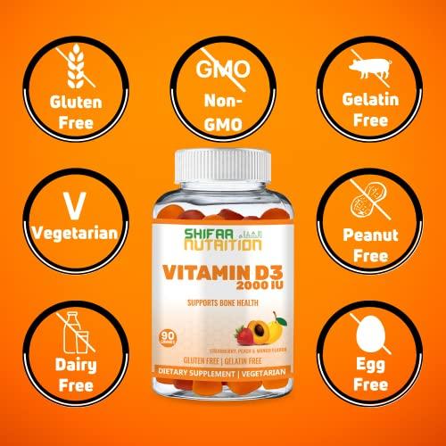 SHIFAA NUTRITION SHIFAA NUTRITION Vegetarian Vitamin D3 Gummies for Adults & Kids | 45-90 Servings, 2,000IU / 1,000IU | Non-GMO, Gluten-Free, Gelatin-Free | Supports Bones, Muscles & Immune System Halal Vitamins
