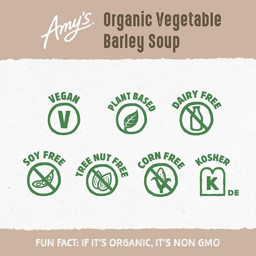 Amy's Amys Soup, Vegan Vegetable Barley Soup, Low Fat, Made With Organic Tomatoes, Carrots and Celery, Canned Soup, 14.1 Oz