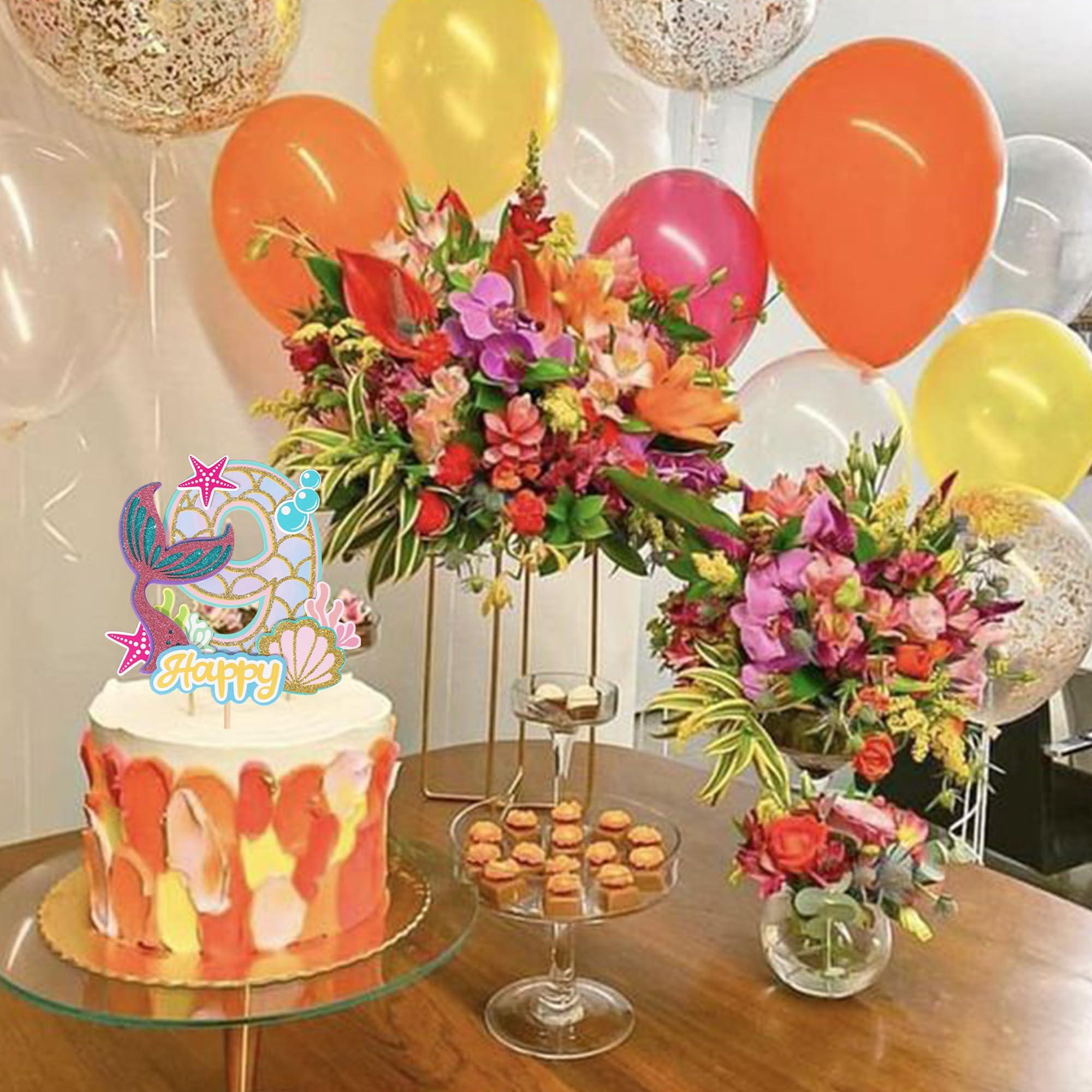 YCTHUNFISH 1 Pack Mermaid Cake Topper 9th Birthday Cake Pick Happy Birthday Ocean Sea Creature Mermaid Cake Decoration for Kids Nine Birthday Baby Shower Summer Party Supplies