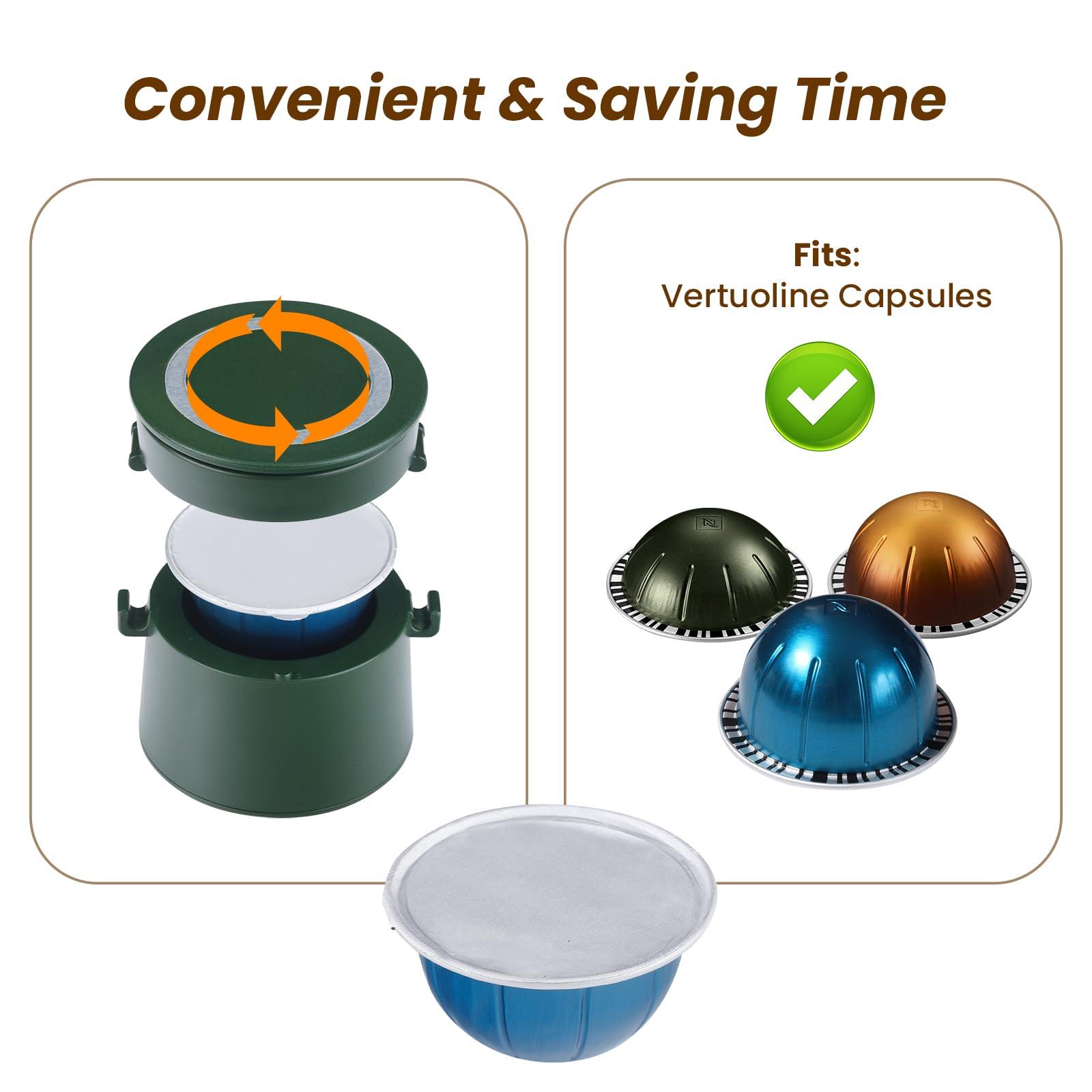 YEOSEN Reusable Vertuo Capsule Set for Reusable Nespresso Vertuo Pods, Upgraded Twist Holder with 100 Pcs Aluminum Foil Seal Lids and Brush Lid Opener,Fits for Refilling Vertuoline PodGreen)