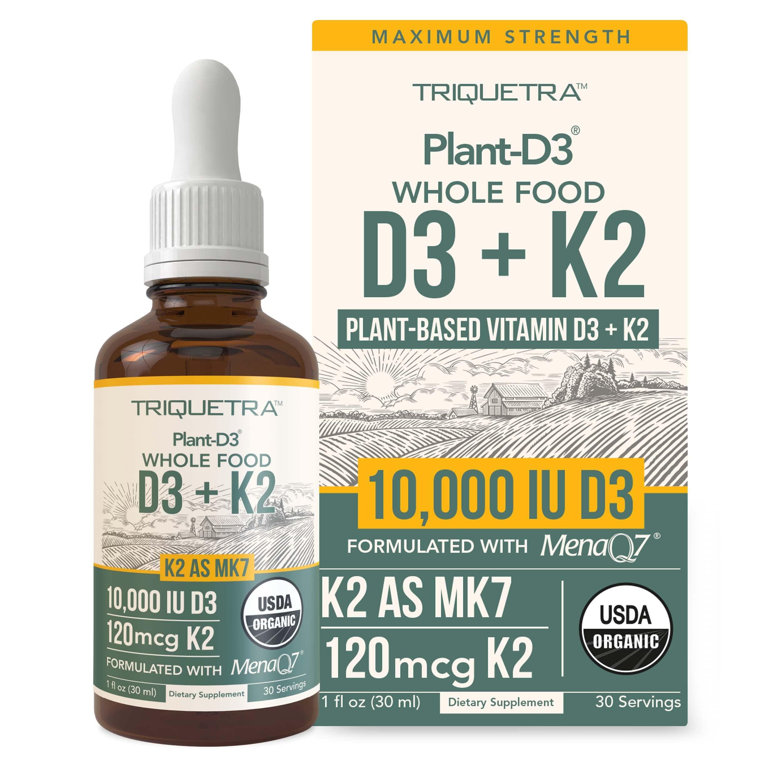 Triquetra Health Organic Plant D3 + K2 - 10,000 iu D3 - All-Trans MK7 from MenaQ7 (120 mcg K2) - 100% Organic & Plant-Based Sublingual D3 Drops (Cholecalciferol), 100% Vegan - Supports Immunity, Bone, Mood & Brain