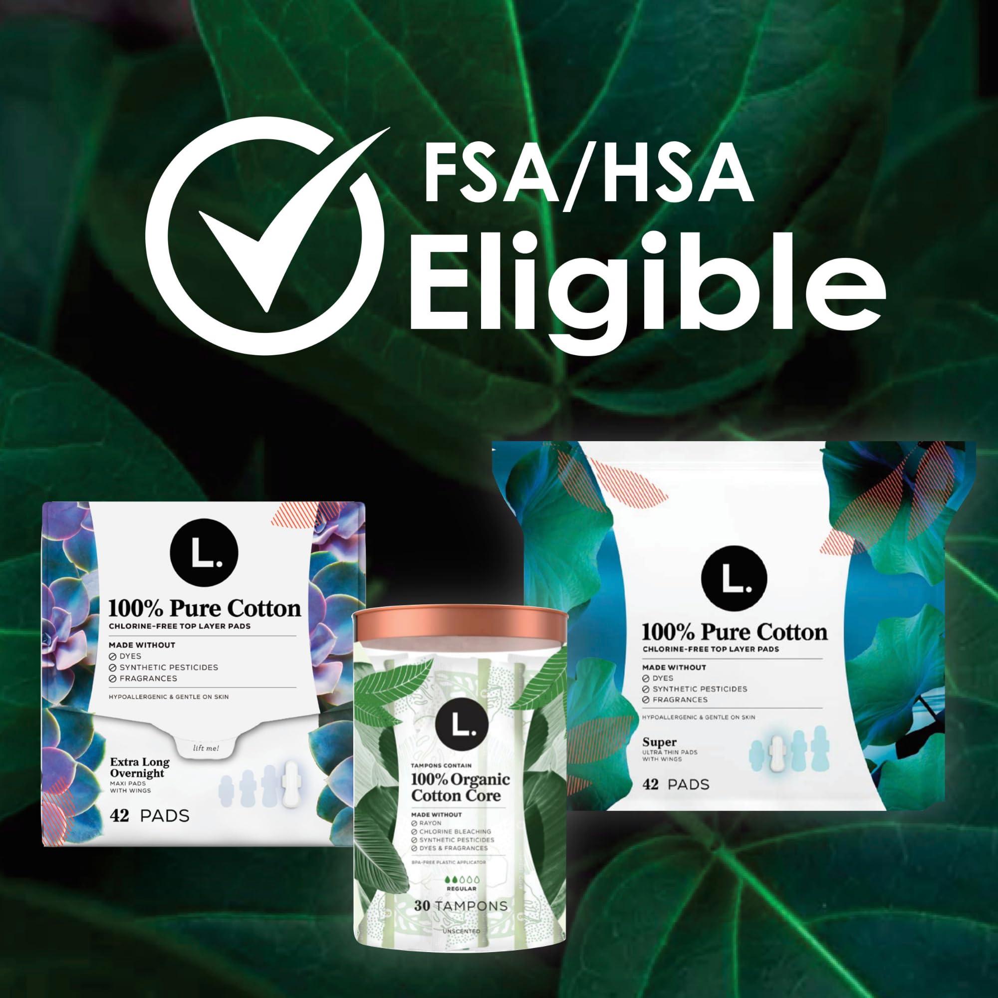 L. L. Pure Cotton Topsheet Pads for Women, Extra Long Overnight Pads, Maxi Pads with Wings, Unscented Menstrual Pads, 28 Count x 2 Packs (56 Count Total) (Packaging May Vary)