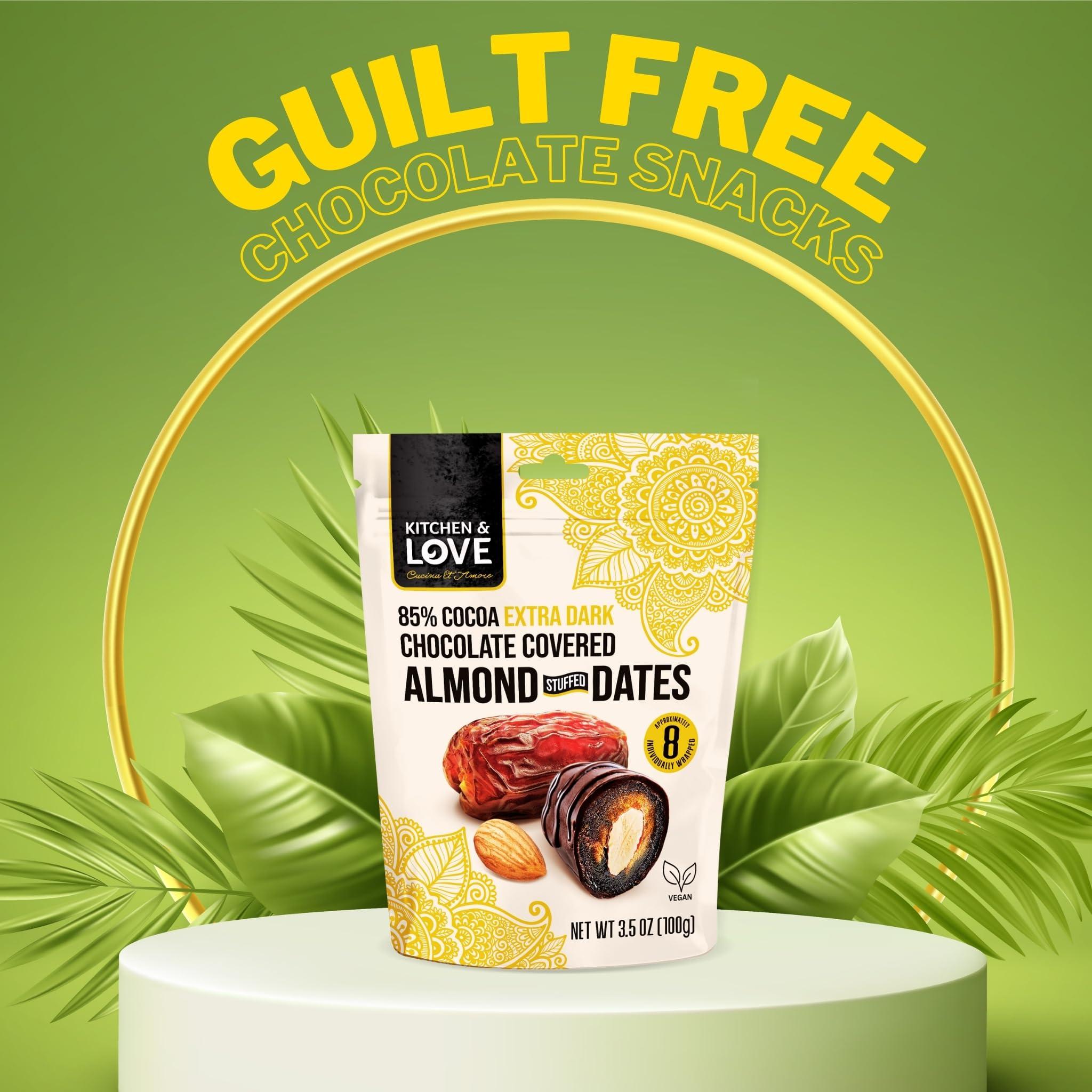 Kitchen & Love Kitchen & Love Chocolate Covered Almond Stuffed Dates in a Convenient Resealable Pouch, 8 Individually Wrapped Pieces, 85% Extra Dark Chocolate, Healthy Snack, 3.5 oz pouch (Pack of 4)