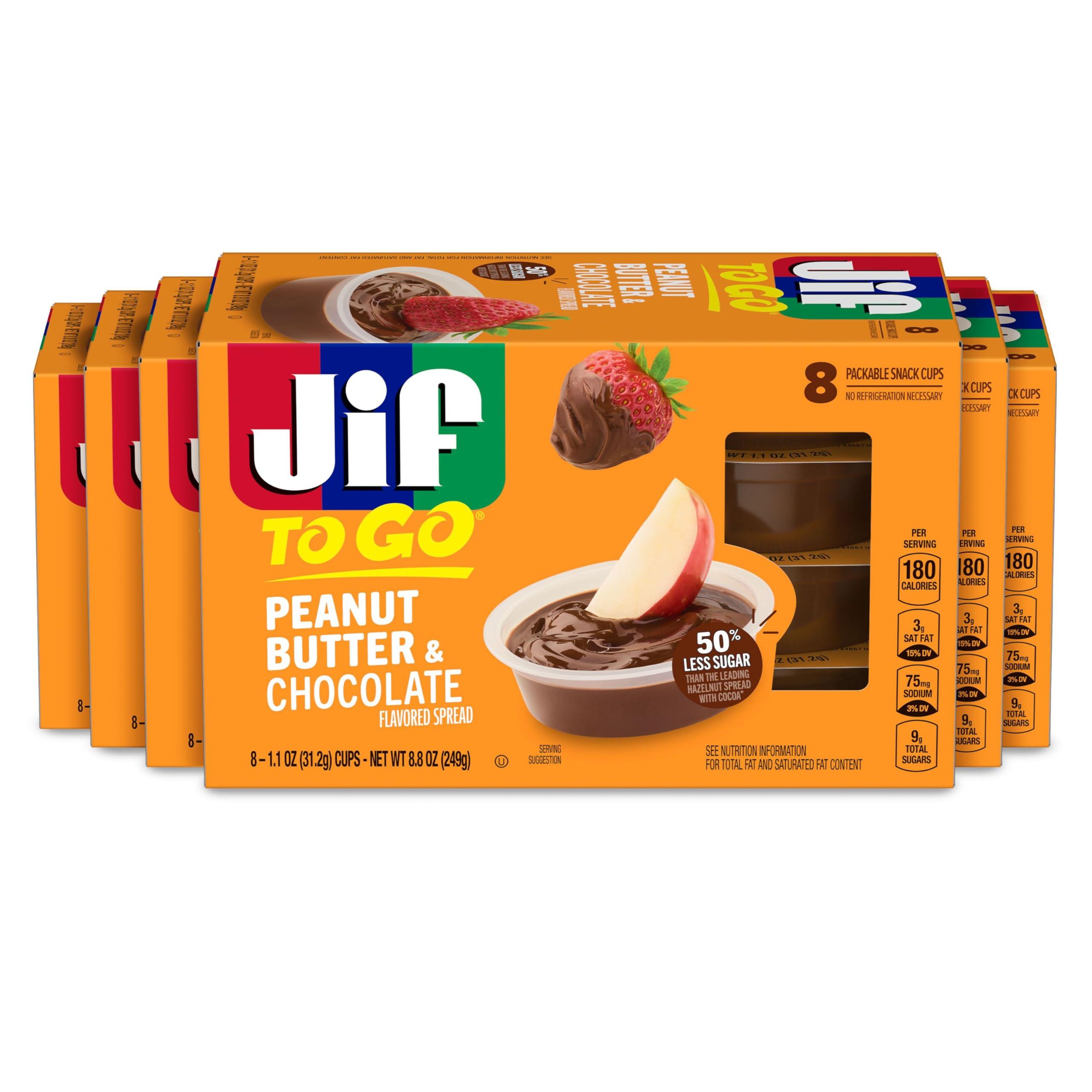 Jif Jif Peanut Butter & Chocolate To Go, 8 Count Cups (Pack of 6), Less Sugar, Thick & Creamy Texture
