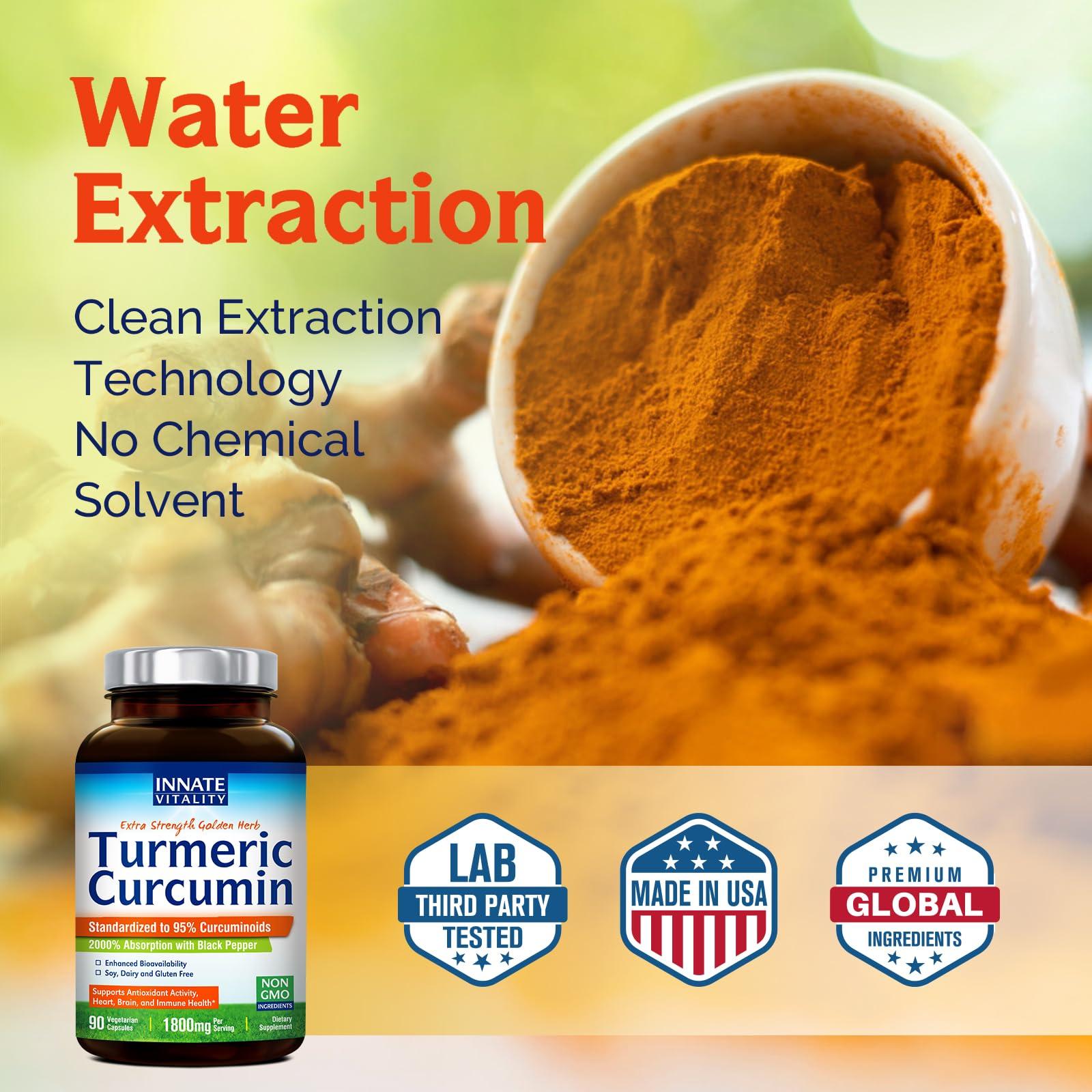 Innate Vitality Innate Vitality Turmeric Curcumin Supplement 1800mg with Black Pepper Extract 95% Curcuminoids, Extra Strength & Enhanced Absorption, Joint Support, Healthy Inflammatory Response, Antioxidant, 90 Caps