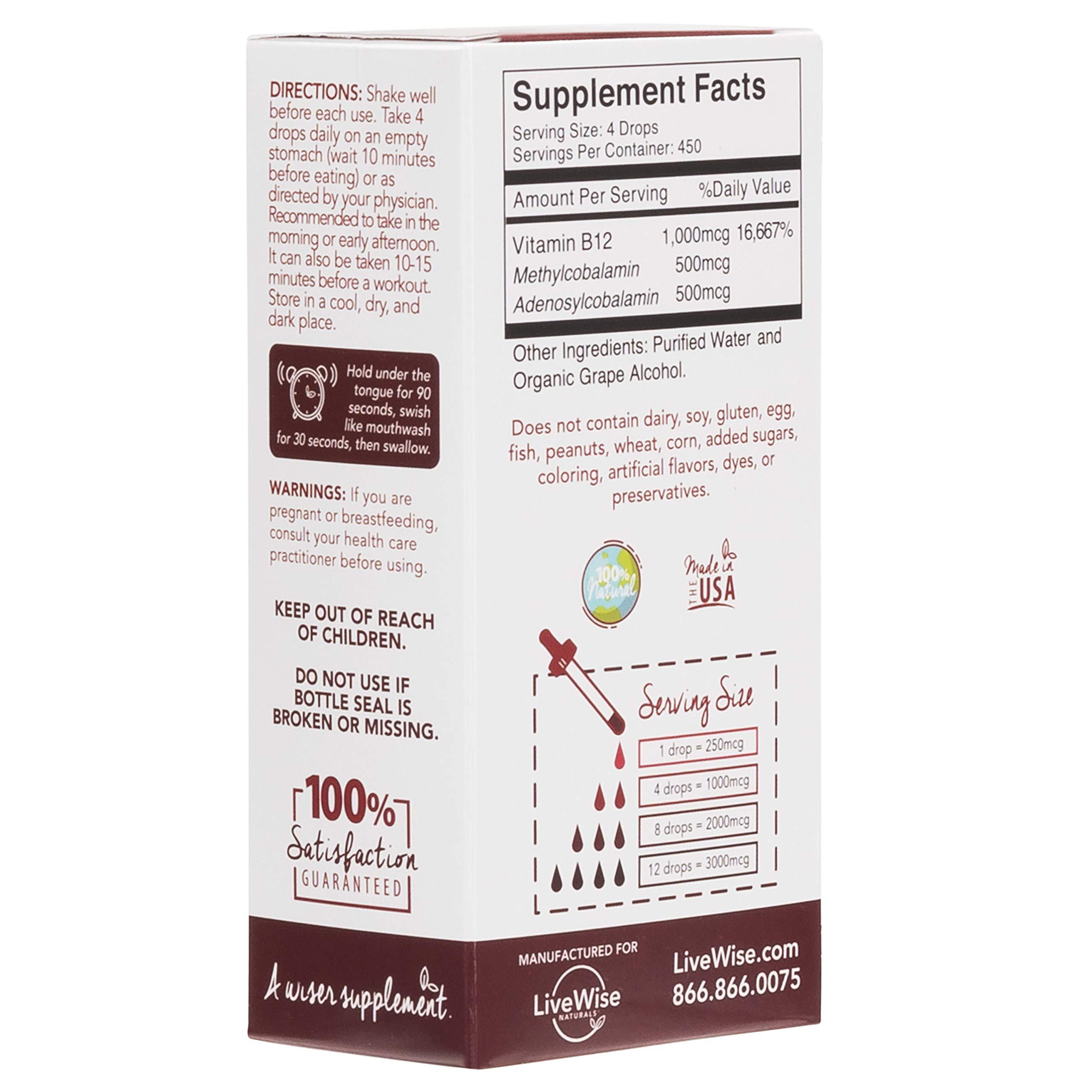 Live Wise Naturals Liquid B12 Vitamin Sublingual – All-Natural Liquid Vitamin Vegan B12 Drops – Non-GMO Adenosylcobalamin Methylcobalamin B12 Supplement – Boost Your Immune System, Metabolism, Energy and Focus!