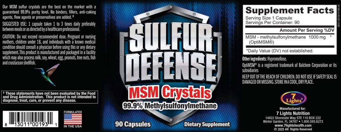 7 Lights Sulfur Defense Opti-MSM 99.9% Pure MSM Powder Capsules, Made in USA, Organic Methylsulfonylmethane, Non-GMO, Gluten-Free, Immune System Booster, Soothes Joint Pain, Younger Skin, Hair, Nails, 90 caps