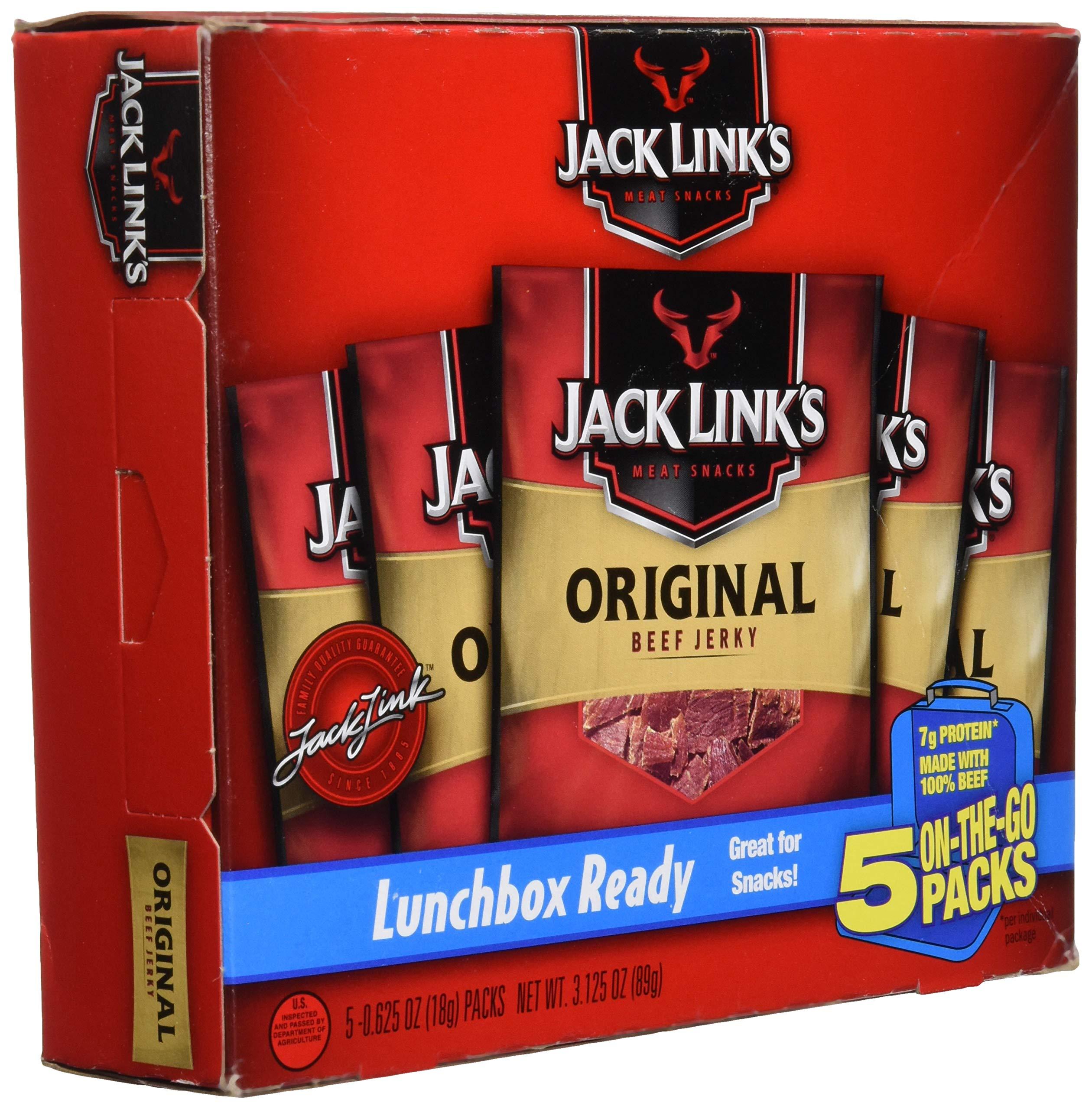 Jack Link\'s Jack Link\'s Beef Jerky 5 Count Multipack, Original, 5, 0.625 oz. Bags - Flavorful Meat Snack for Lunches, Ready to Eat - 7g of Protein, Made with 100% Beef - No Added MSG** or (Pack of 2)