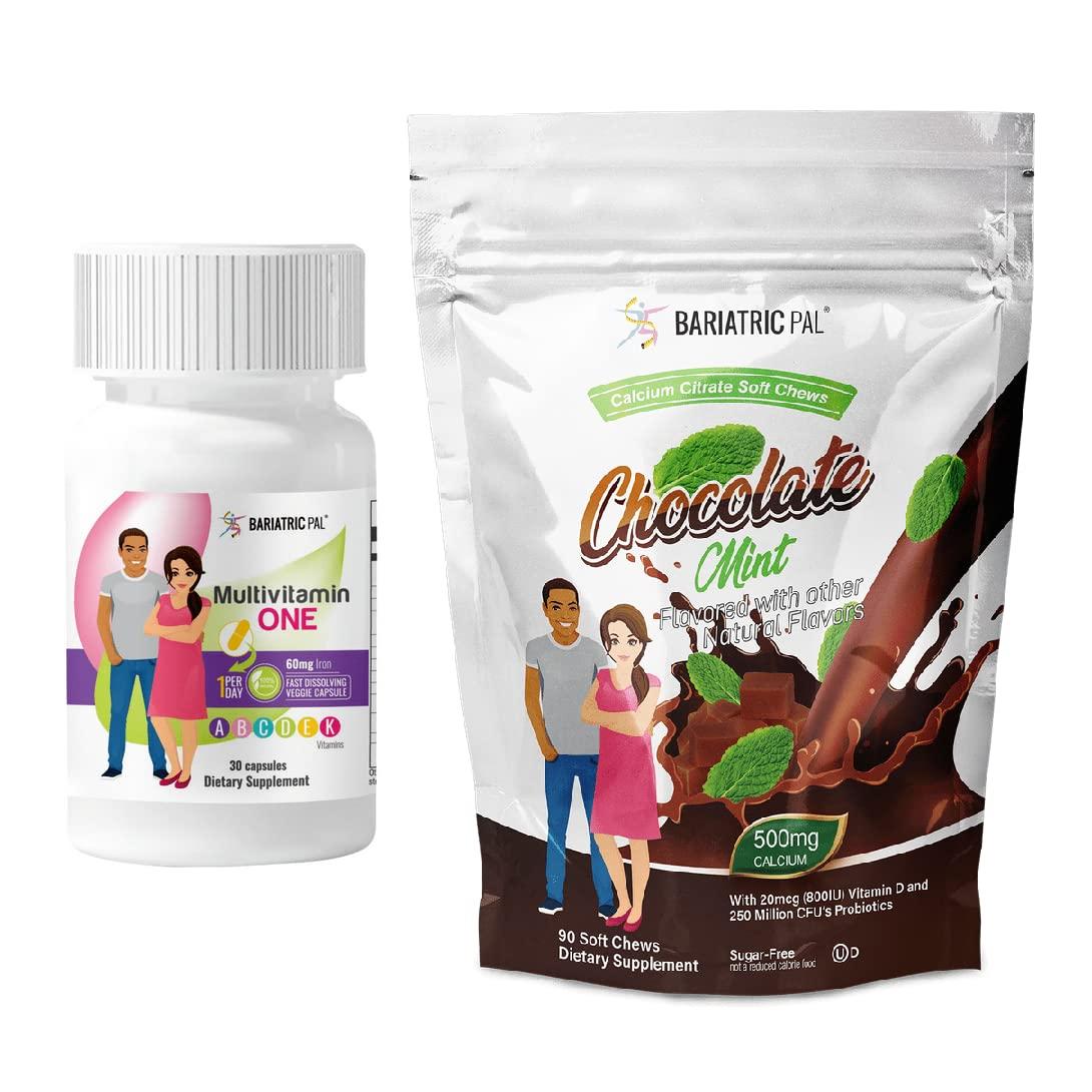 BariatricPal BariatricPal 30-Day Bariatric Vitamin Bundle (Multivitamin ONE 1 per Day! Capsule with 60mg Iron and Calcium Citrate Soft Chews 500mg with Probiotics - Chocolate Mint)