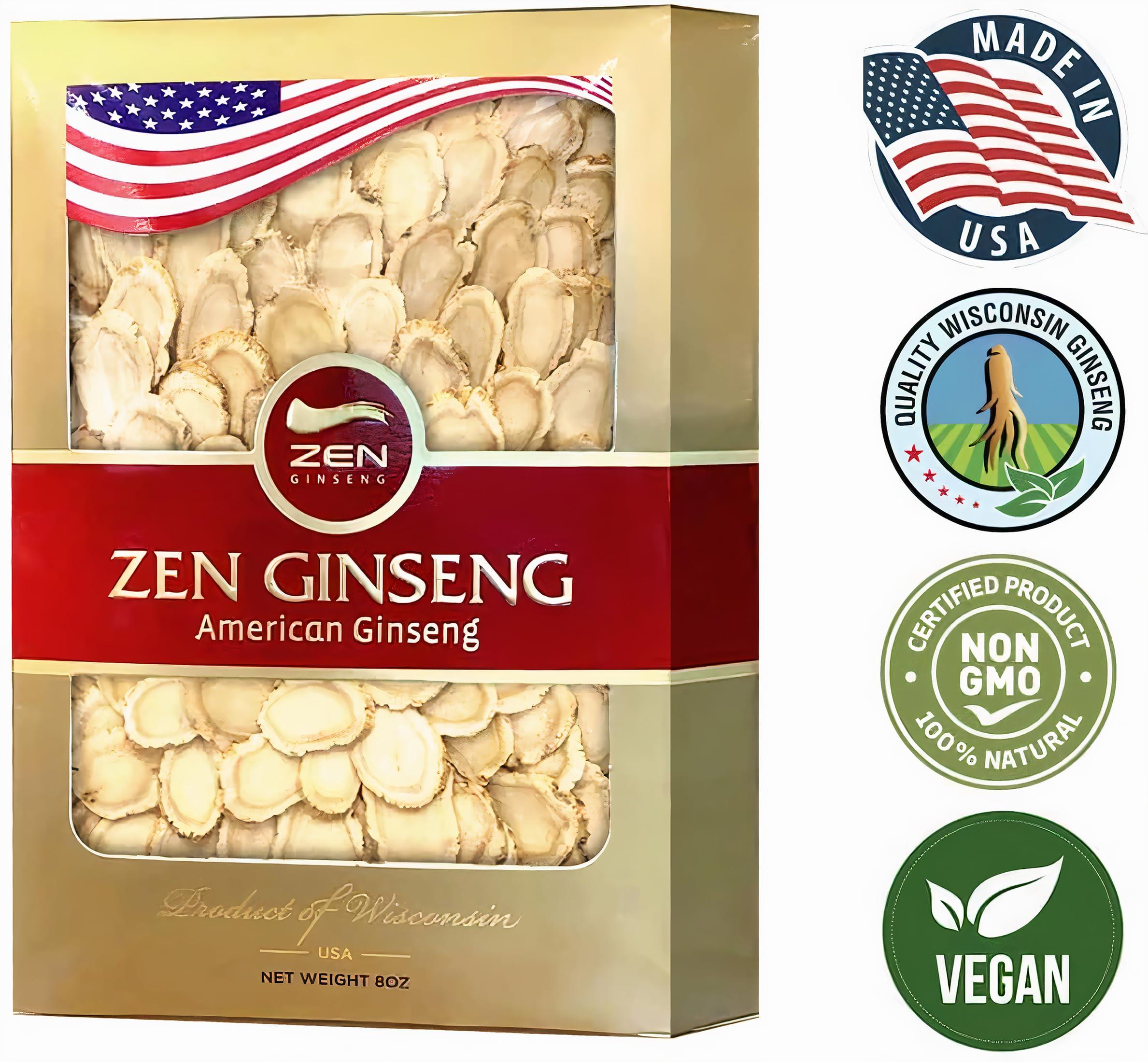 Zen Ginseng Zen American Wisconsin Ginseng Slices Improved Energy, Performance, & Mental Health for Men & Women (8oz. Box)