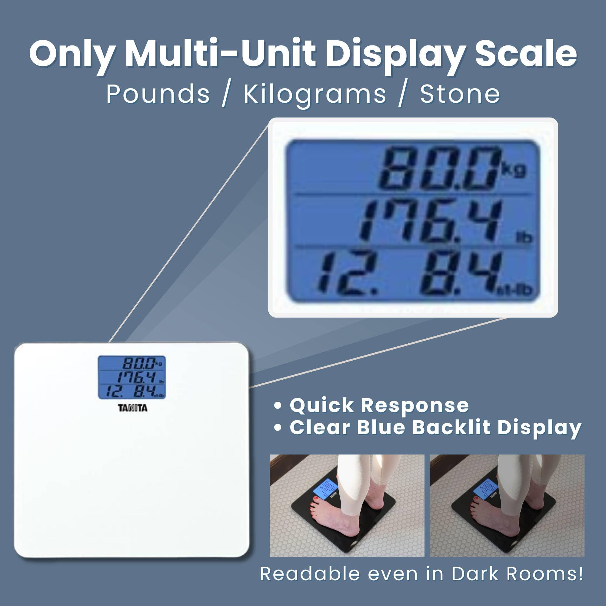 TANITA Tanita HD-384 Digital Weight Scale - 440 lbs Capacity Japan Technology Multi-Unit Display LBS, KG, Stone - Step On to Activate Bathroom Scale - with Blue Backlit LCD Display & Tempered Glass (White)